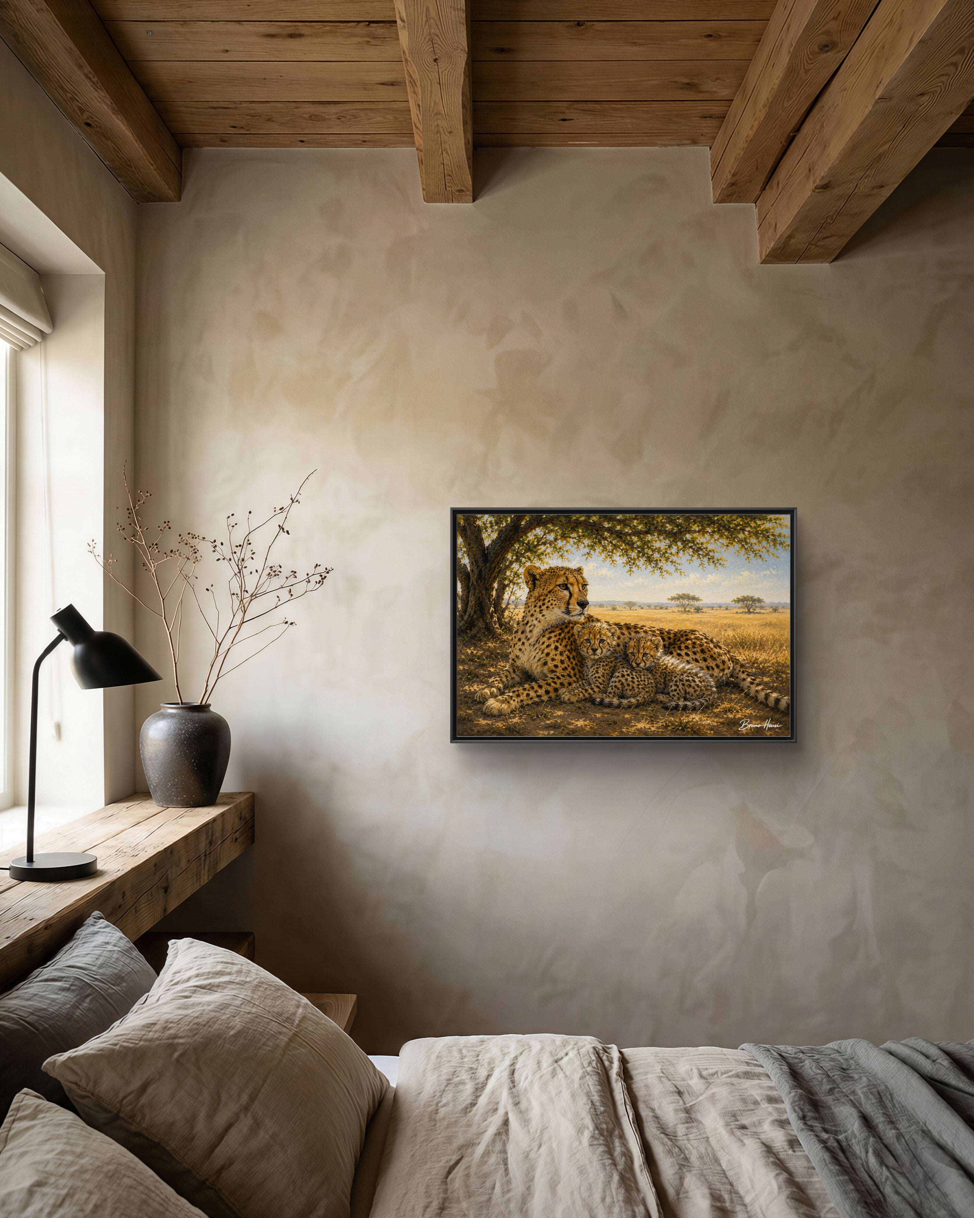 Cheetah Mother & Cubs Framed Canvas Wall Art – African Wildlife Safari Print