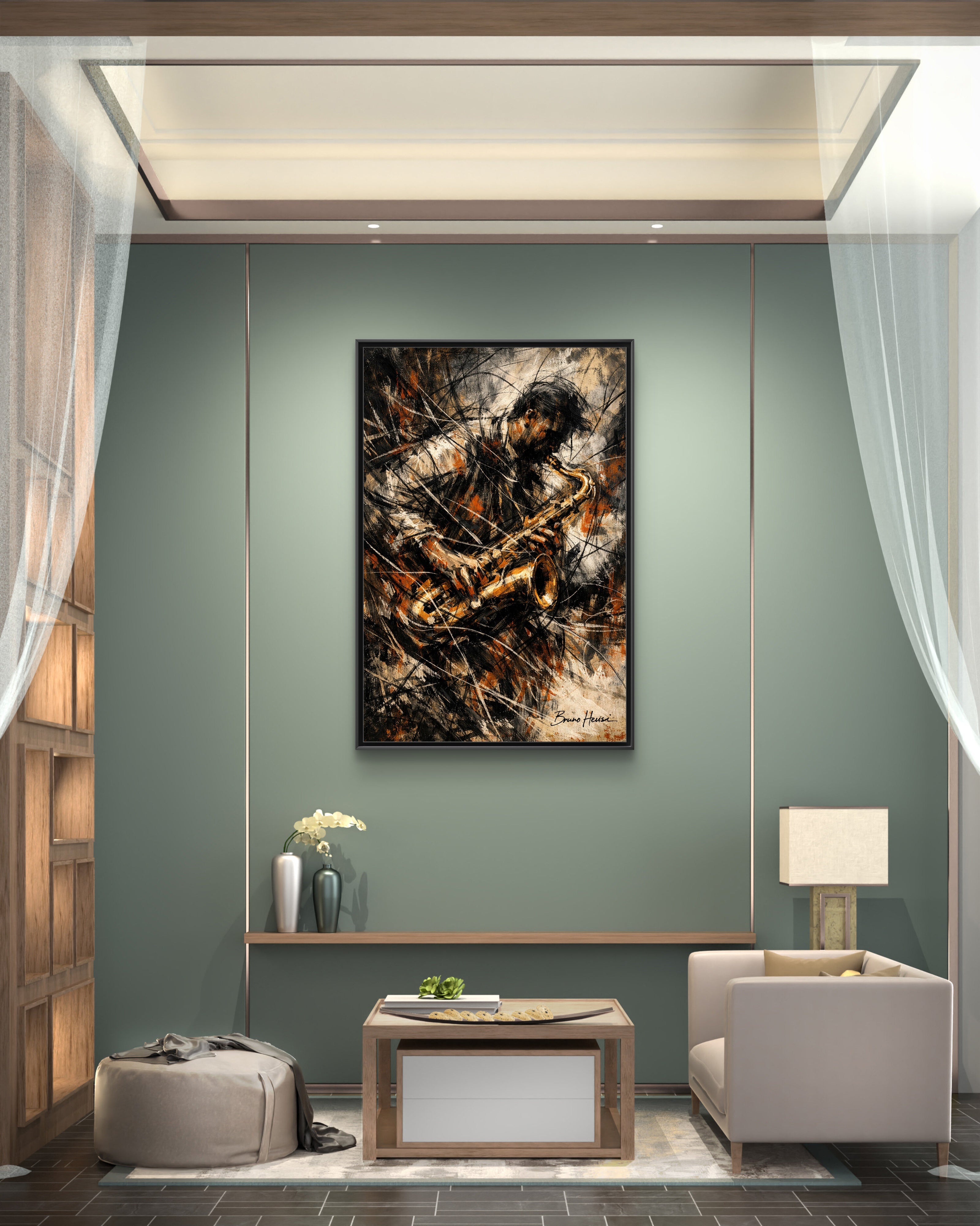 Saxophone Jazz Musician Framed Canvas Wall Art — Abstract Music Print