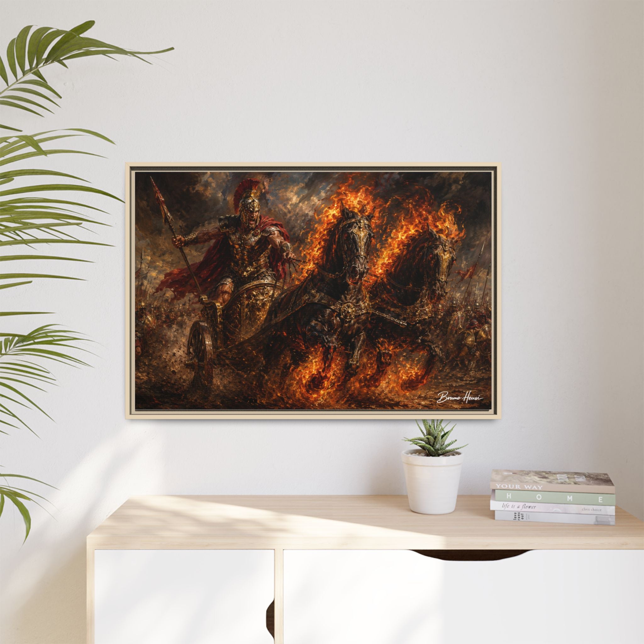 Flaming Chariot Framed Canvas Wall Art — Mythic Warrior Matte Print