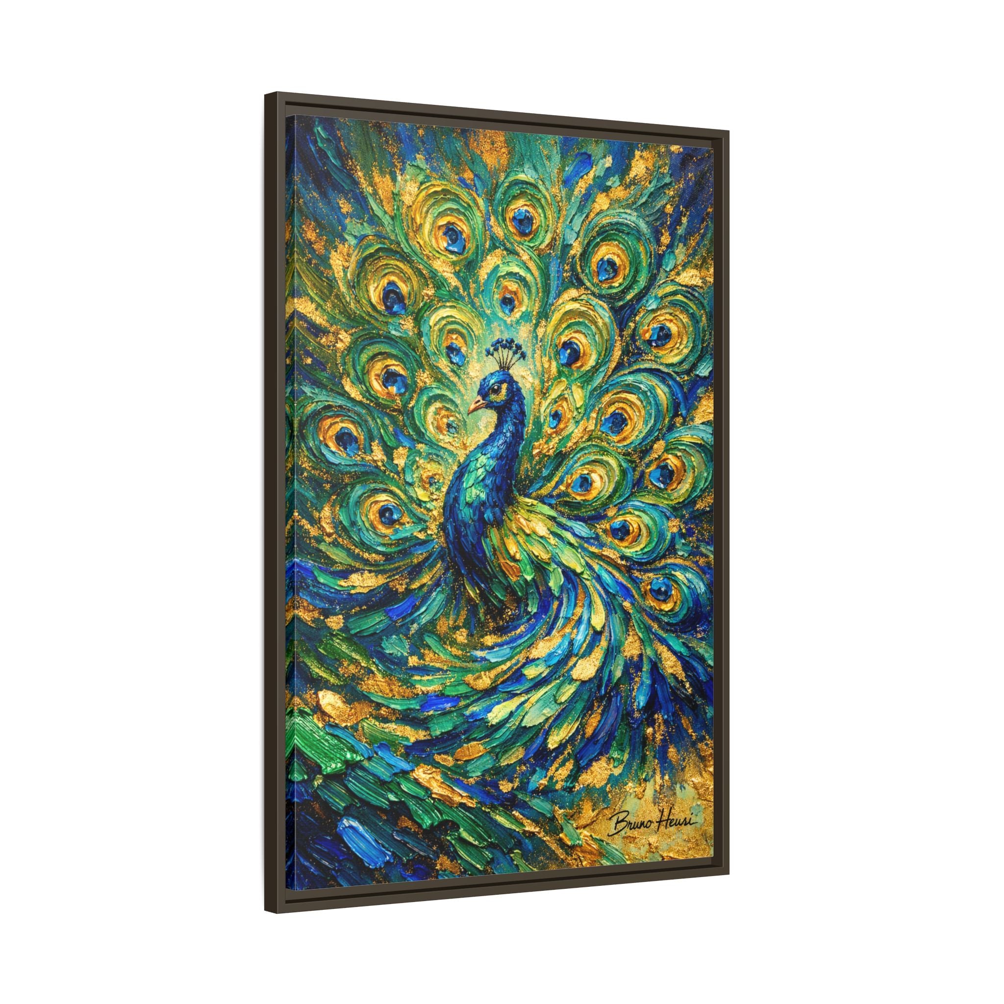 Peacock Oil-Style Framed Canvas Wall Art — Vibrant Blue & Gold Peacock Painting