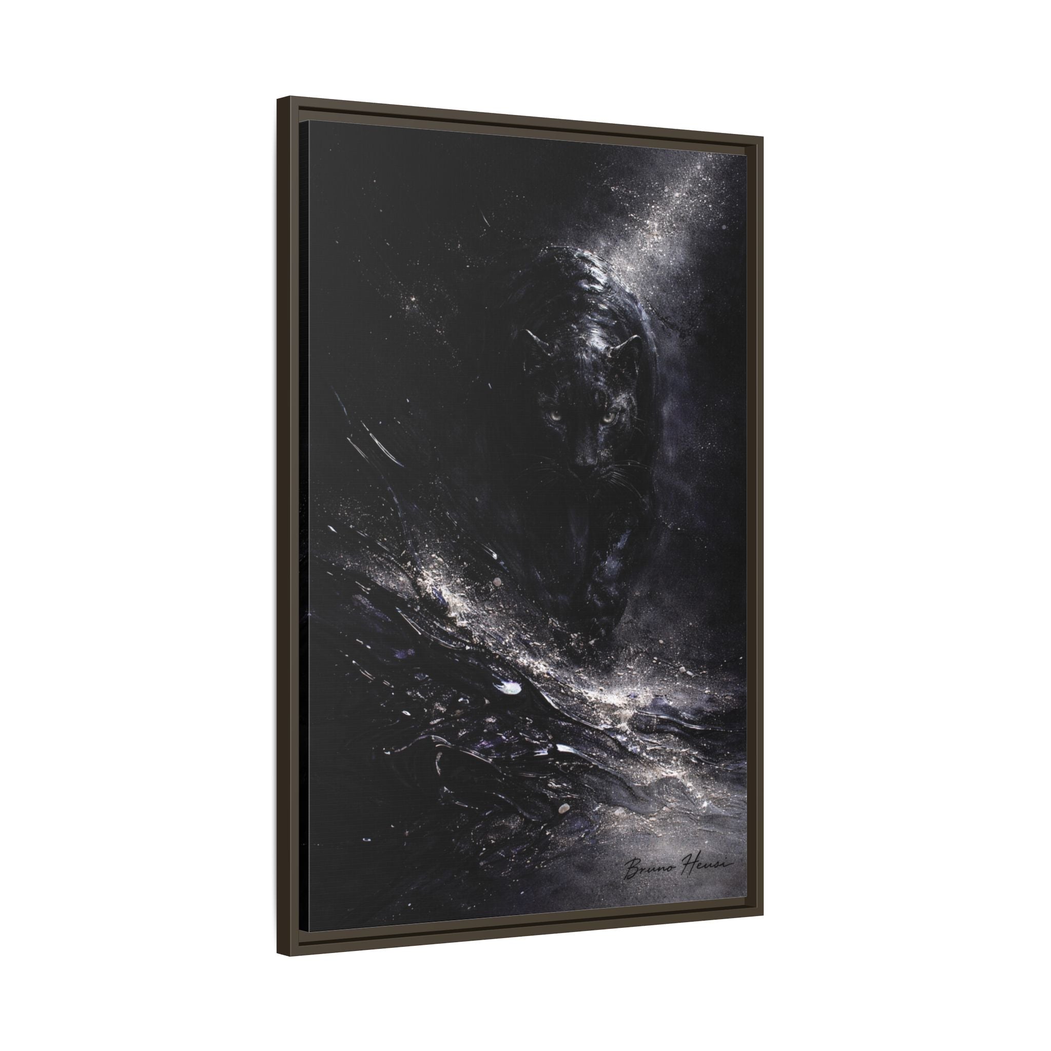 Cosmic Black Panther Matte Framed Canvas – Dark Abstract Wildlife Wall Art