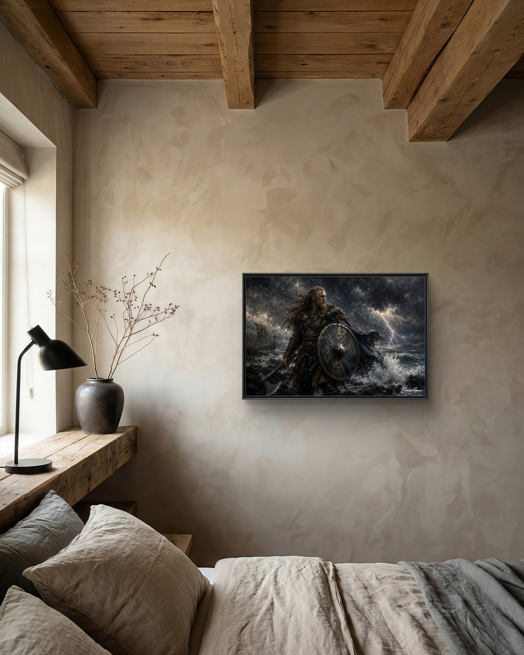 Viking Warrior Matte Framed Canvas Print — Stormy Norse Shield and Axe Wall Art