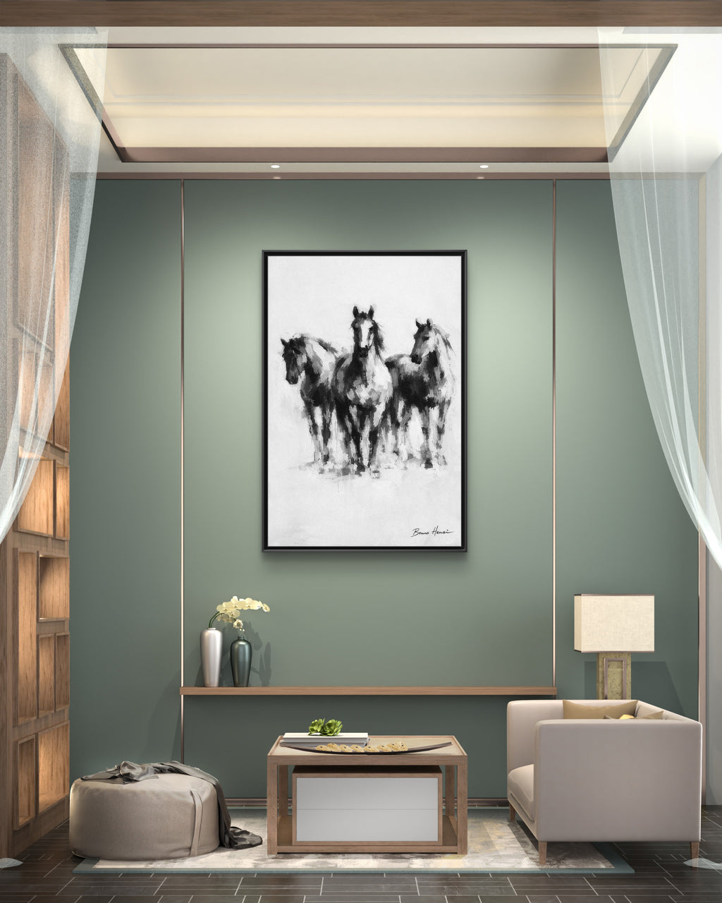 Framed Matte Canvas Print – Three Galloping Horses Black & White Wall Art