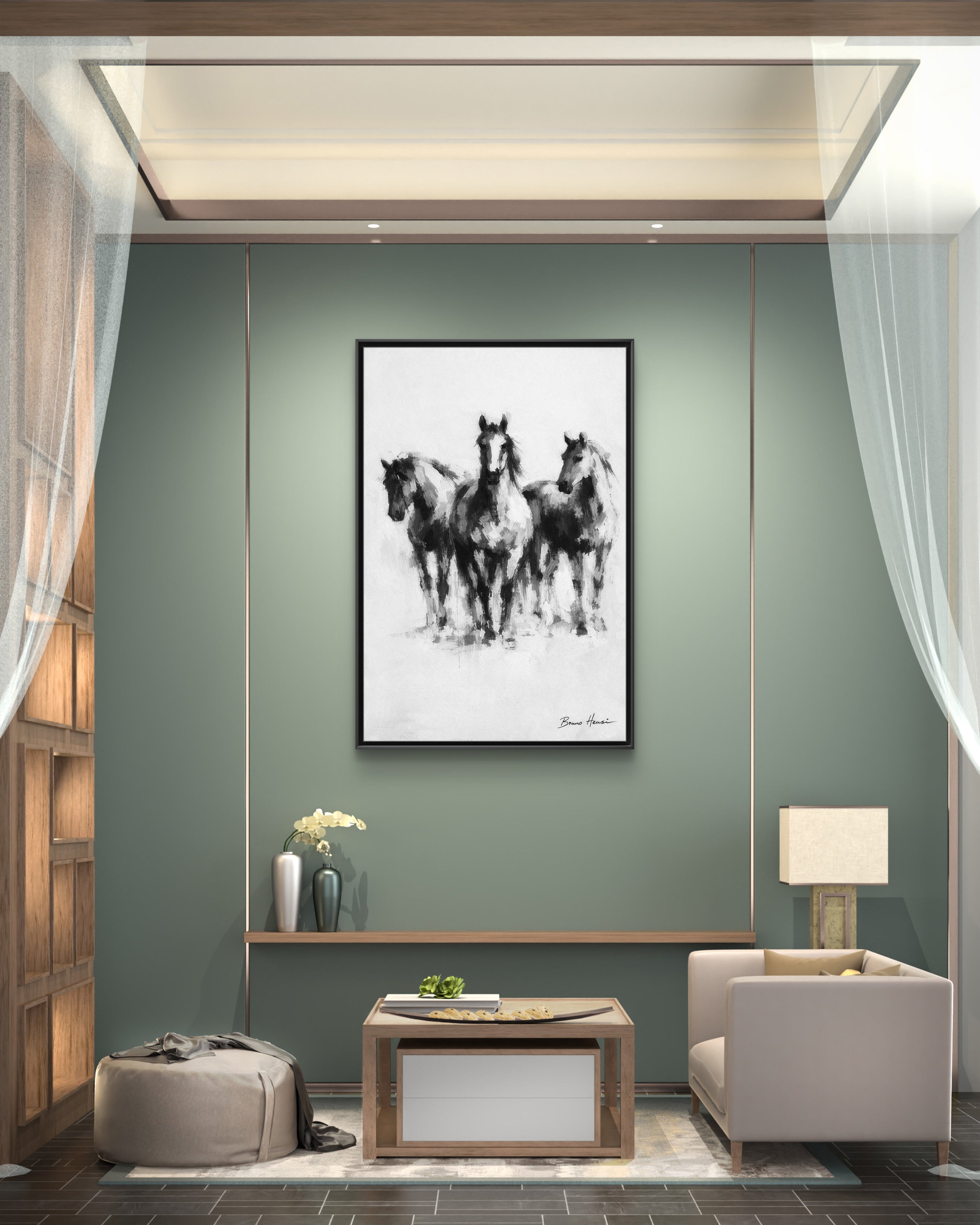 Framed Matte Canvas Print – Three Galloping Horses Black & White Wall Art