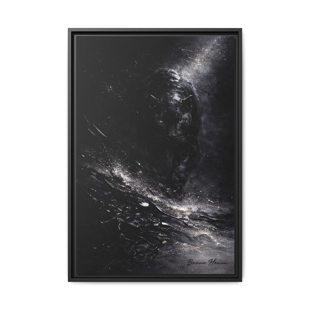 Cosmic Black Panther Matte Framed Canvas – Dark Abstract Wildlife Wall Art
