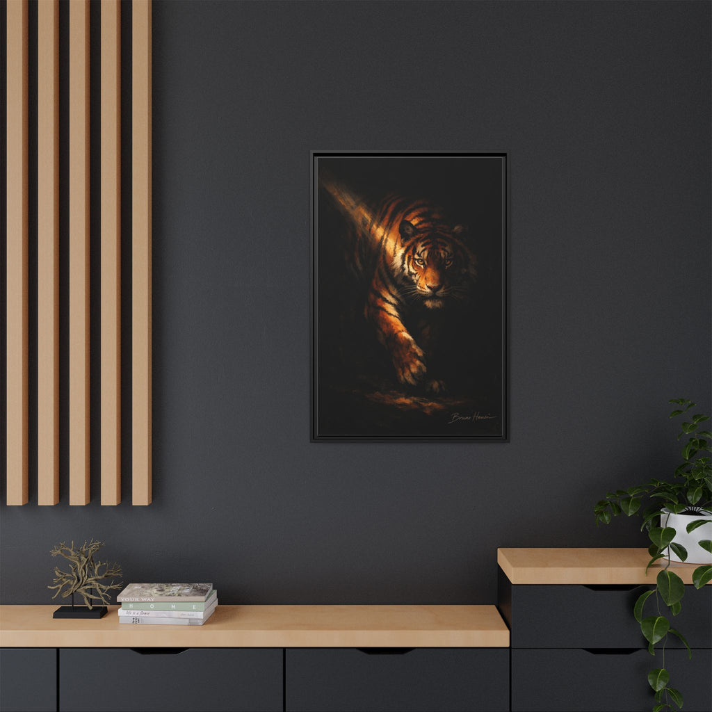 Tiger in the Shadows Matte Framed Canvas Print — Dramatic Wildlife Wall Art