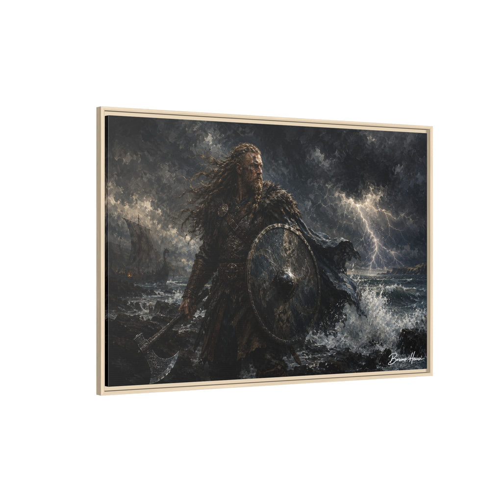 Viking Warrior Matte Framed Canvas Print — Stormy Norse Shield and Axe Wall Art