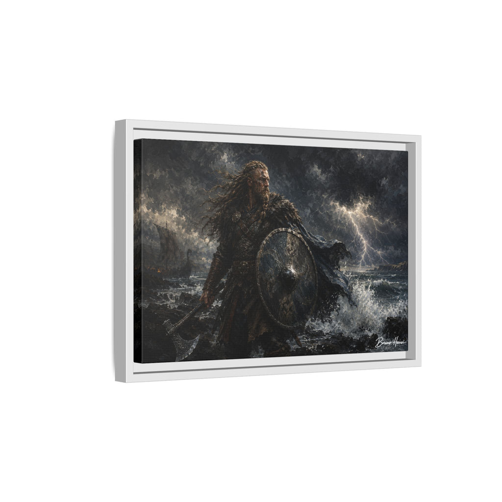 Viking Warrior Matte Framed Canvas Print — Stormy Norse Shield and Axe Wall Art