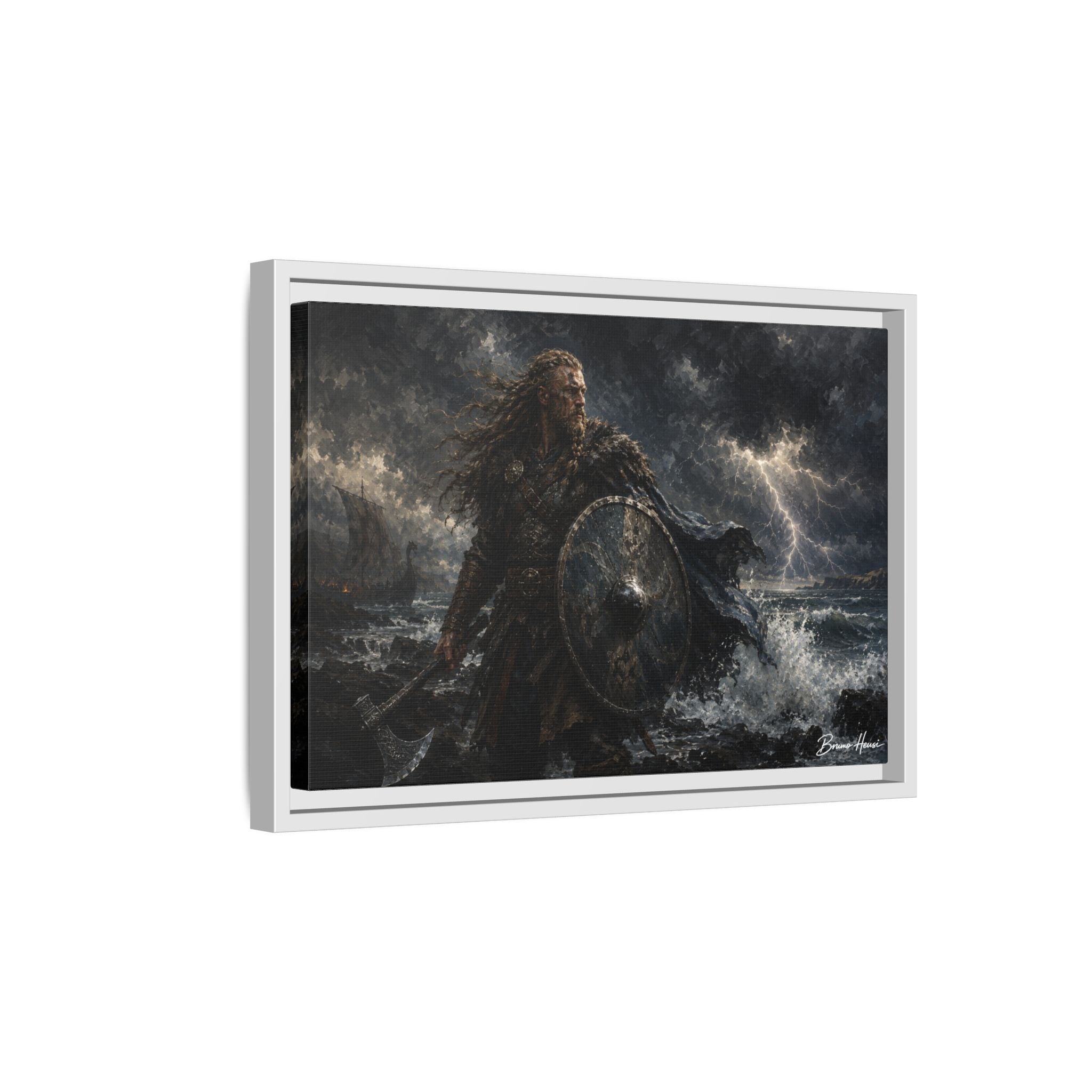 Viking Warrior Matte Framed Canvas Print — Stormy Norse Shield and Axe Wall Art