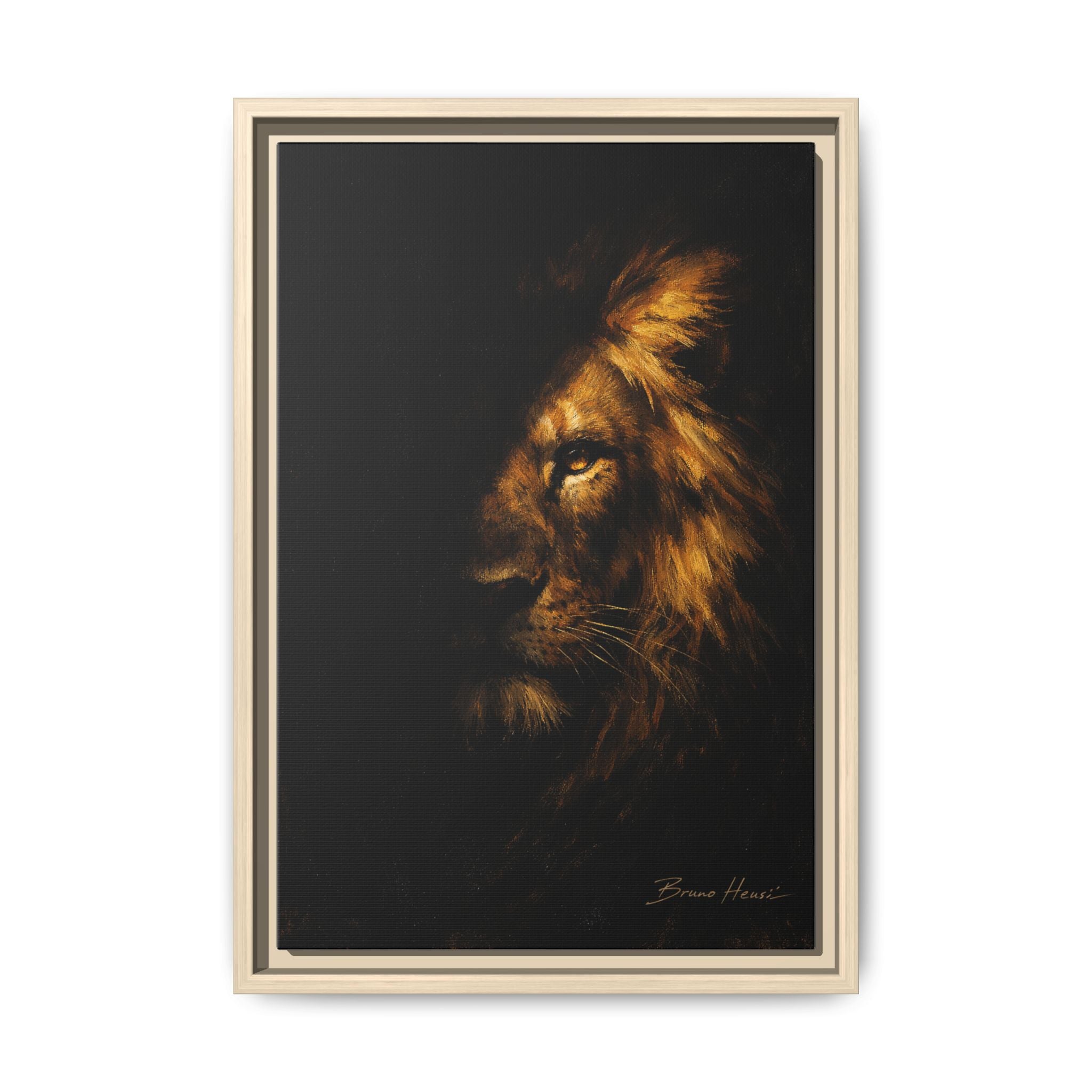 Majestic Lion Portrait Framed Canvas Wall Art — Golden Mane on Black Matte Print