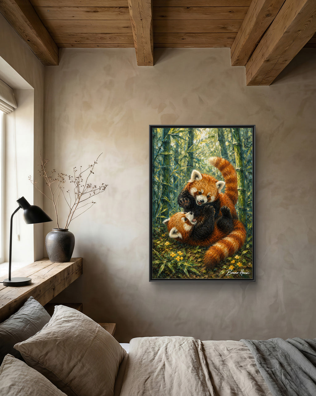 Red Panda Playtime Framed Canvas Wall Art — Playful Wildlife Print