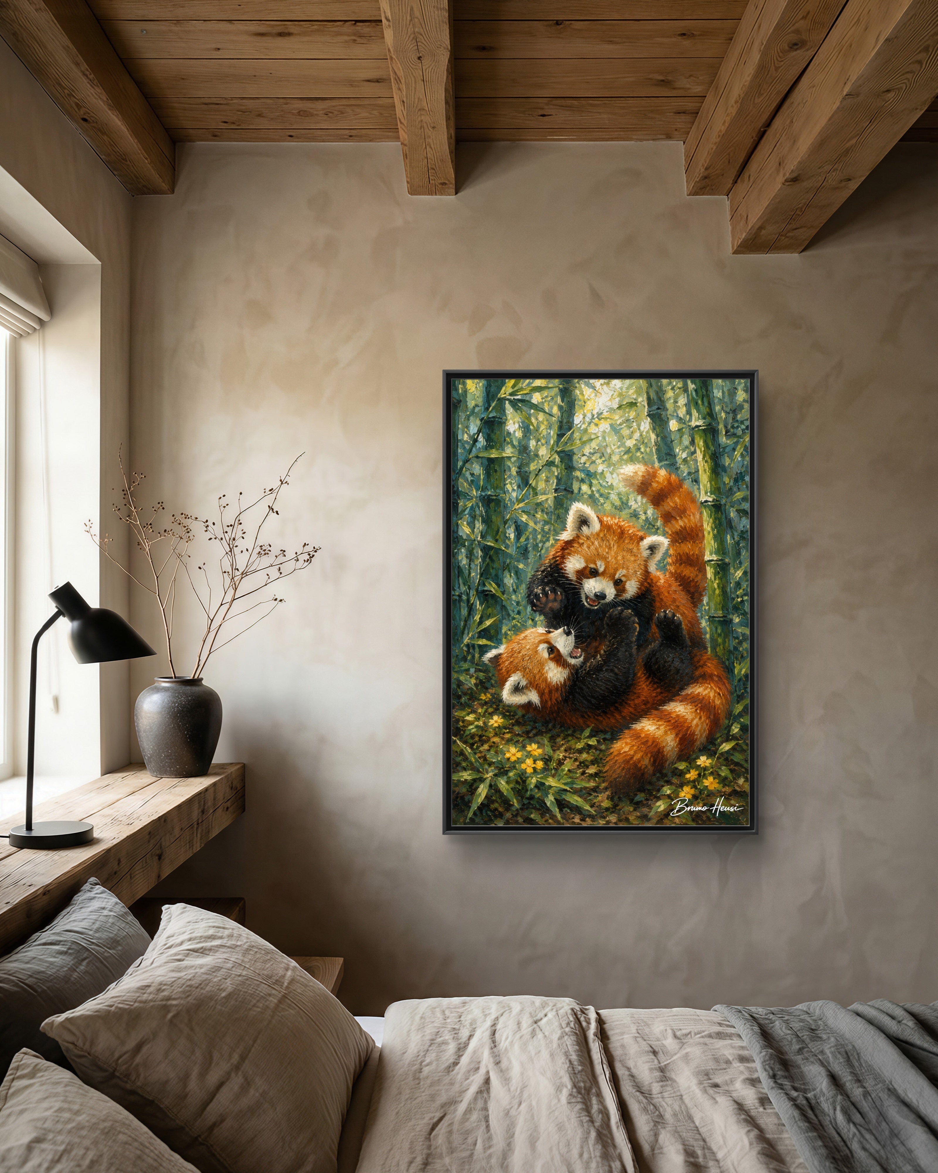 Red Panda Playtime Framed Canvas Wall Art — Playful Wildlife Print