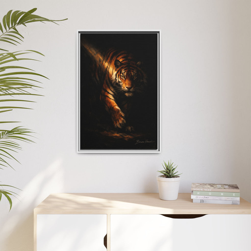 Tiger in the Shadows Matte Framed Canvas Print — Dramatic Wildlife Wall Art