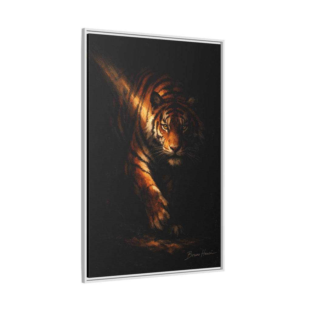 Tiger in the Shadows Matte Framed Canvas Print — Dramatic Wildlife Wall Art