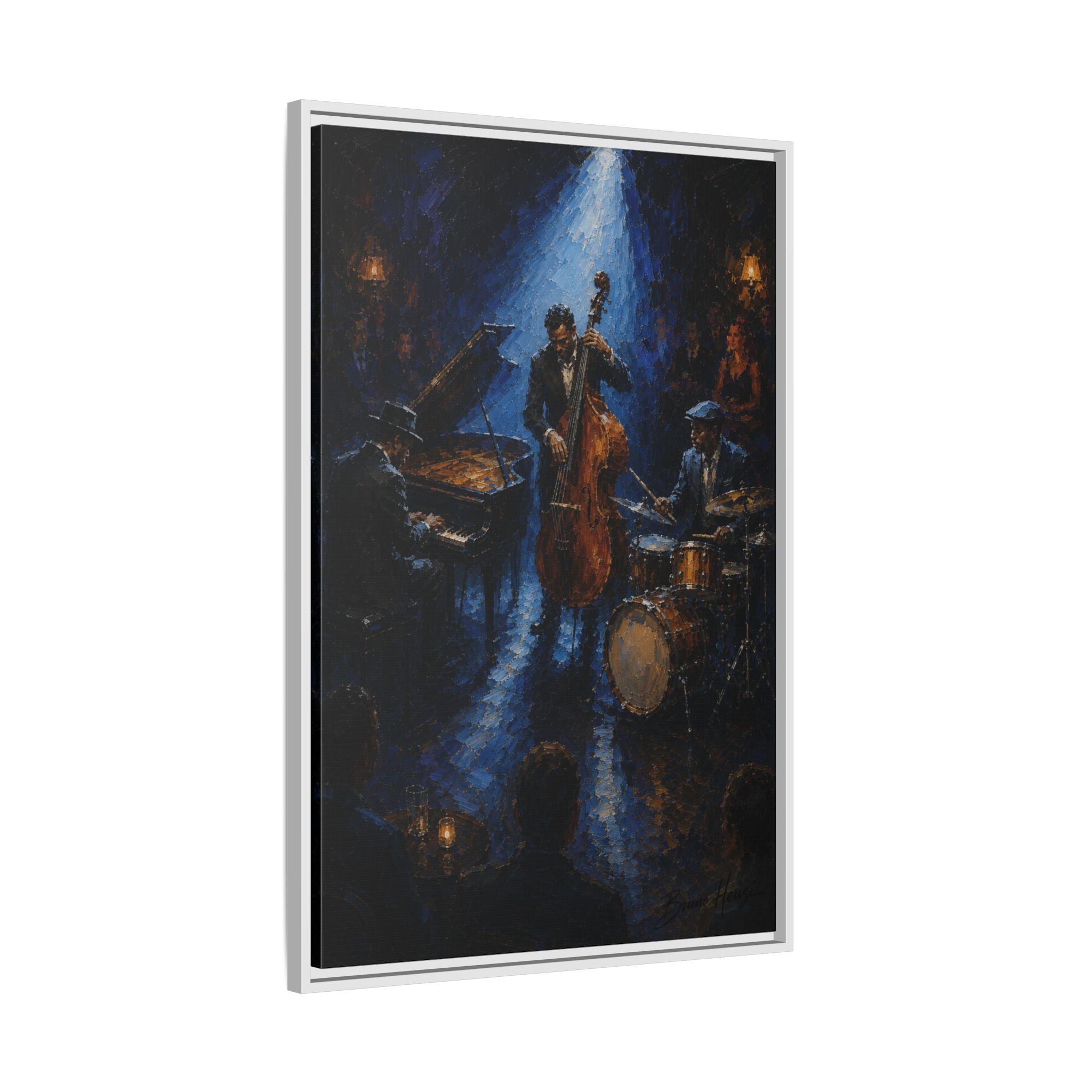 Framed Jazz Quartet Canvas Wall Art – Moody Blue Music Scene