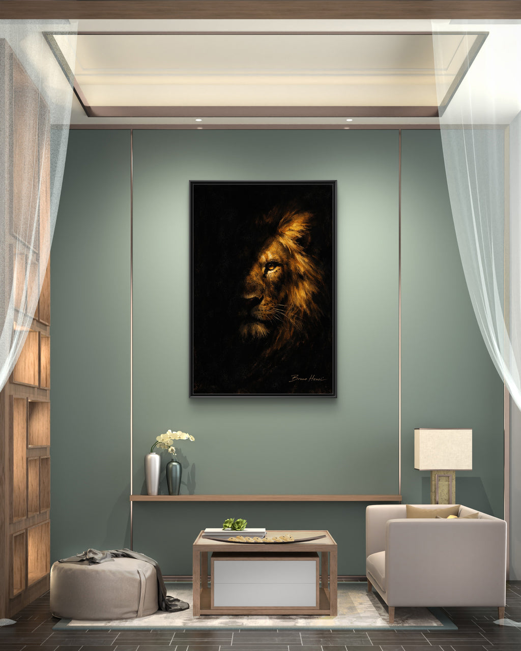Majestic Lion Portrait Framed Canvas Wall Art — Golden Mane on Black Matte Print