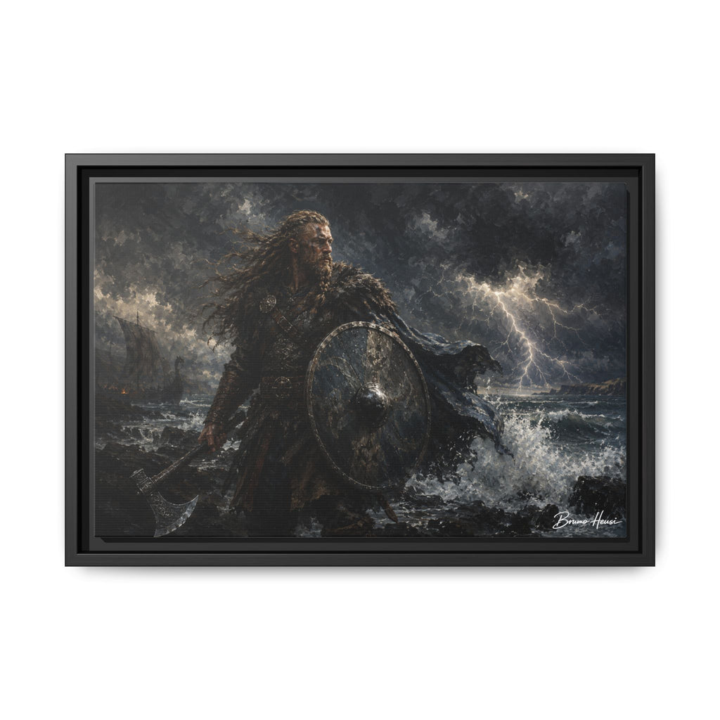 Viking Warrior Matte Framed Canvas Print — Stormy Norse Shield and Axe Wall Art