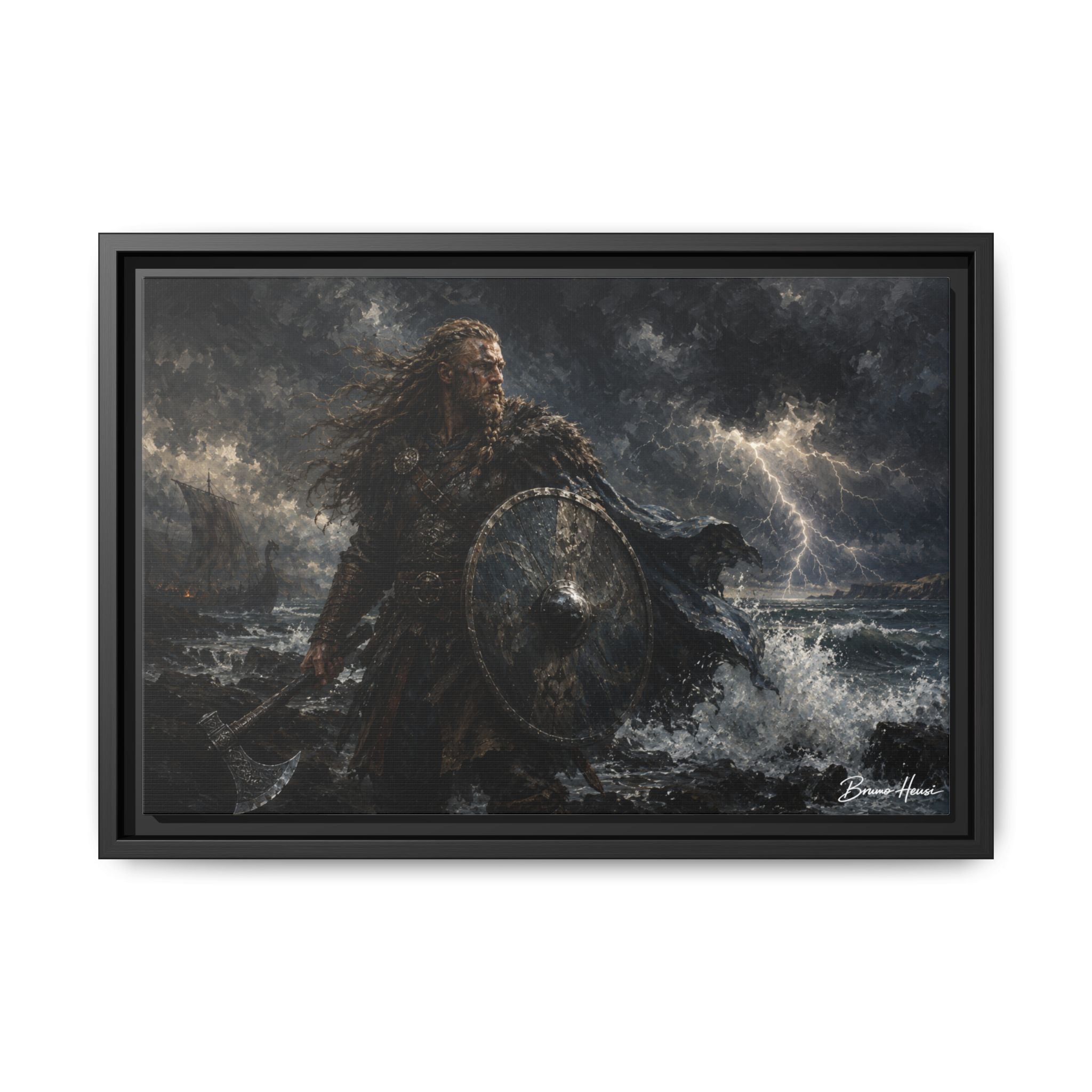 Viking Warrior Matte Framed Canvas Print — Stormy Norse Shield and Axe Wall Art