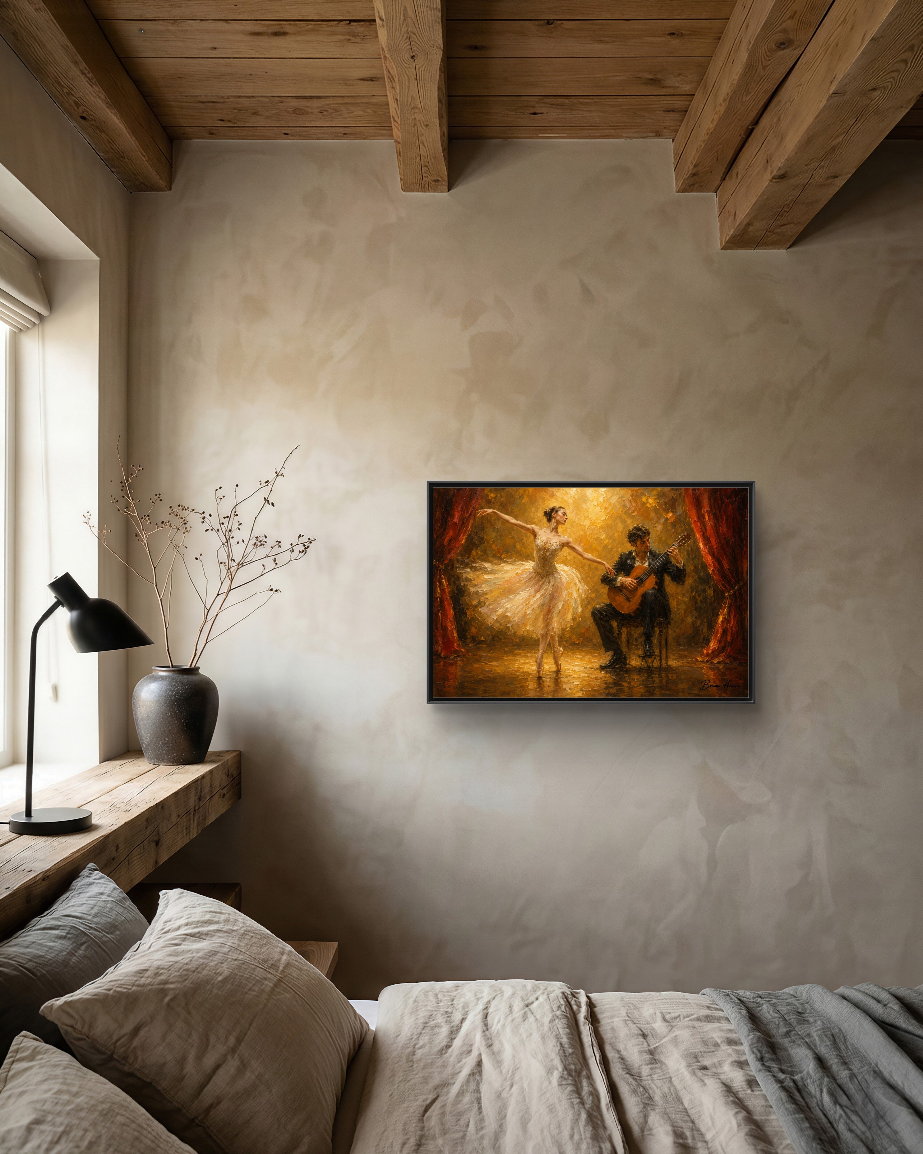 Ballet Dancer & Guitarist Framed Canvas Wall Art — Oil-Style Performance Print
