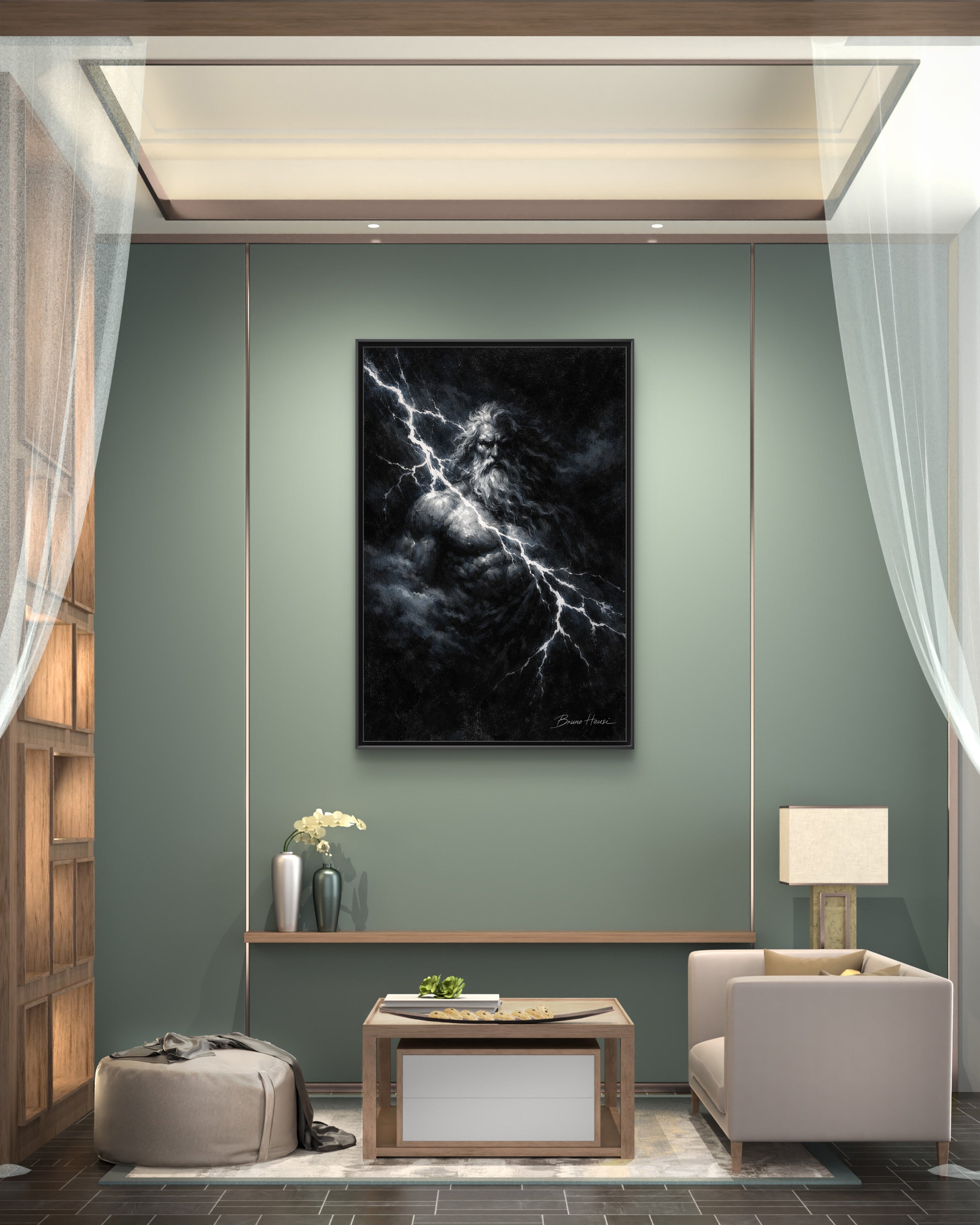 Zeus Lightning God Framed Canvas Wall Art — Stormy Mythology Print