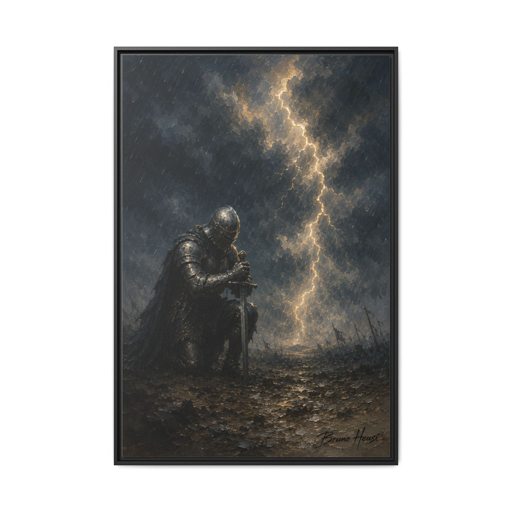 Knight in Thunderstorm Matte Framed Canvas — Dark Fantasy Wall Art