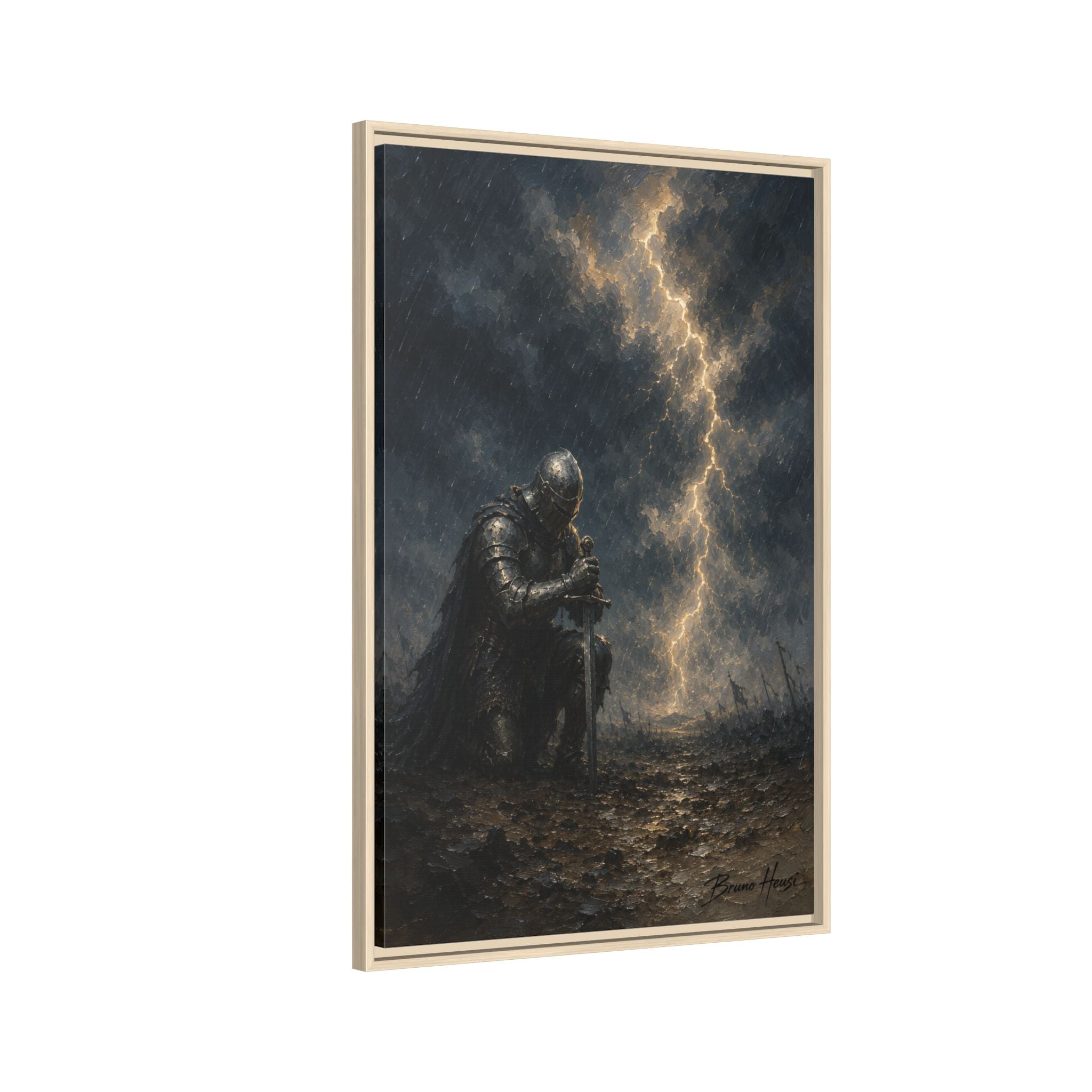 Knight in Thunderstorm Matte Framed Canvas — Dark Fantasy Wall Art