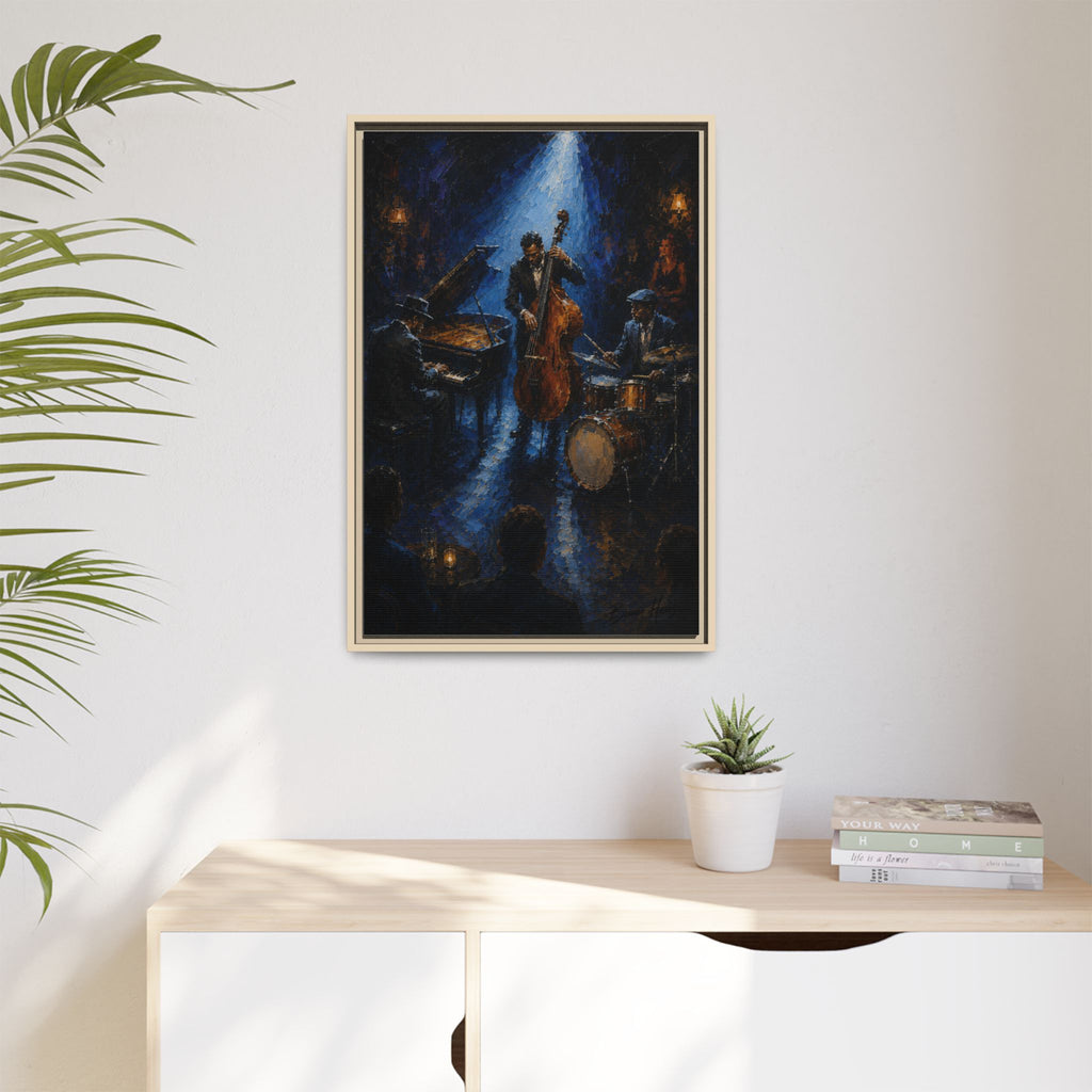 Framed Jazz Quartet Canvas Wall Art – Moody Blue Music Scene
