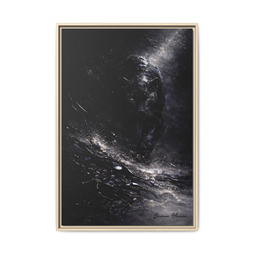 Cosmic Black Panther Matte Framed Canvas – Dark Abstract Wildlife Wall Art