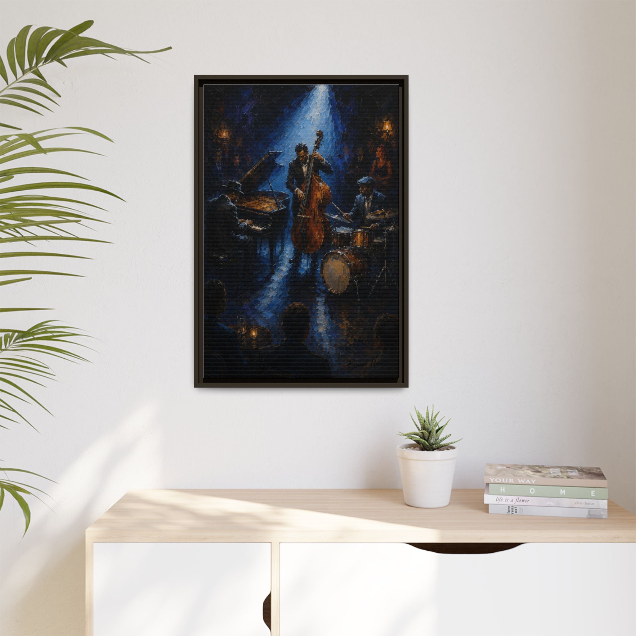 Framed Jazz Quartet Canvas Wall Art – Moody Blue Music Scene