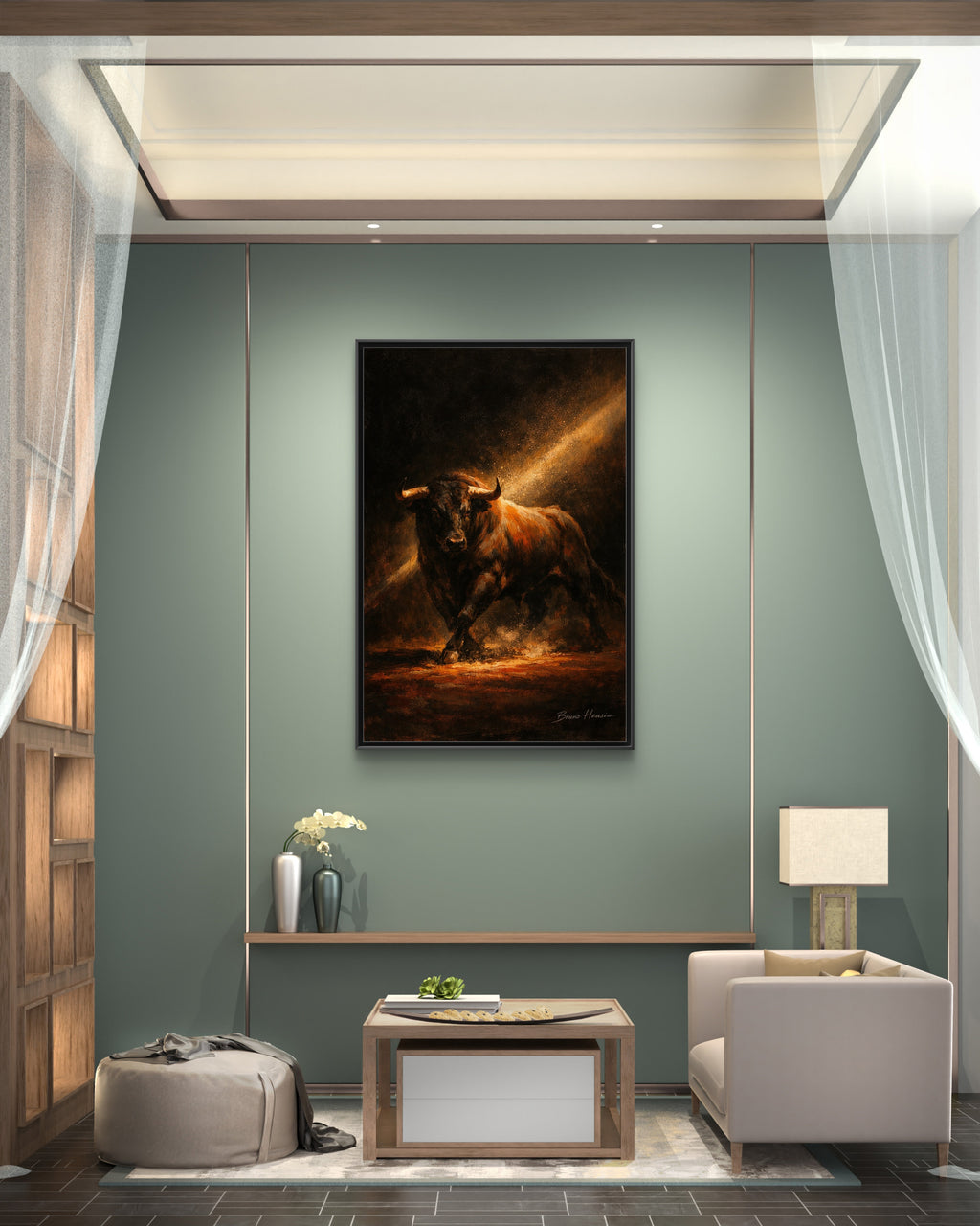 Framed Matte Canvas Art - Dramatic Charging Bull Painting