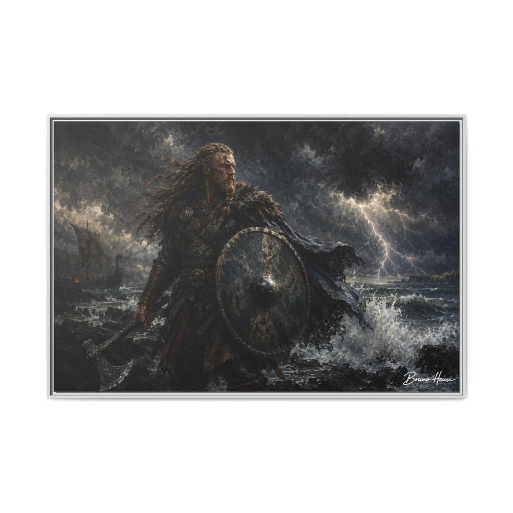 Viking Warrior Matte Framed Canvas Print — Stormy Norse Shield and Axe Wall Art
