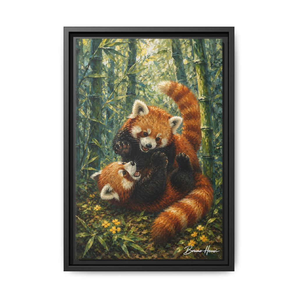 Red Panda Playtime Framed Canvas Wall Art — Playful Wildlife Print