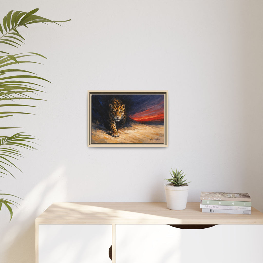 Framed Jaguar Canvas Art – Majestic Big Cat Painting with Sunset Sky