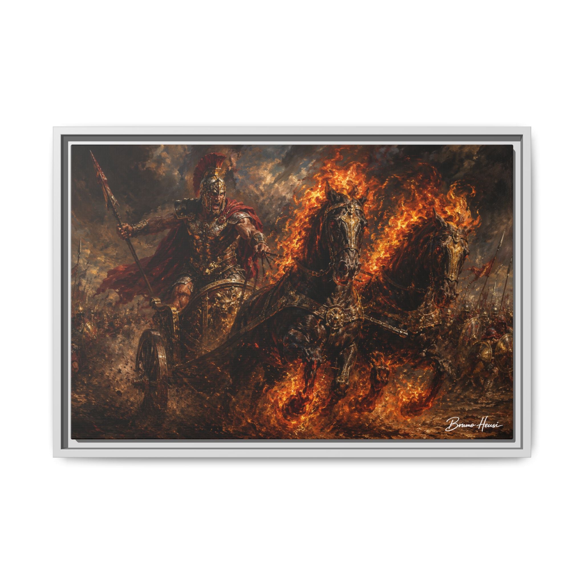 Flaming Chariot Framed Canvas Wall Art — Mythic Warrior Matte Print