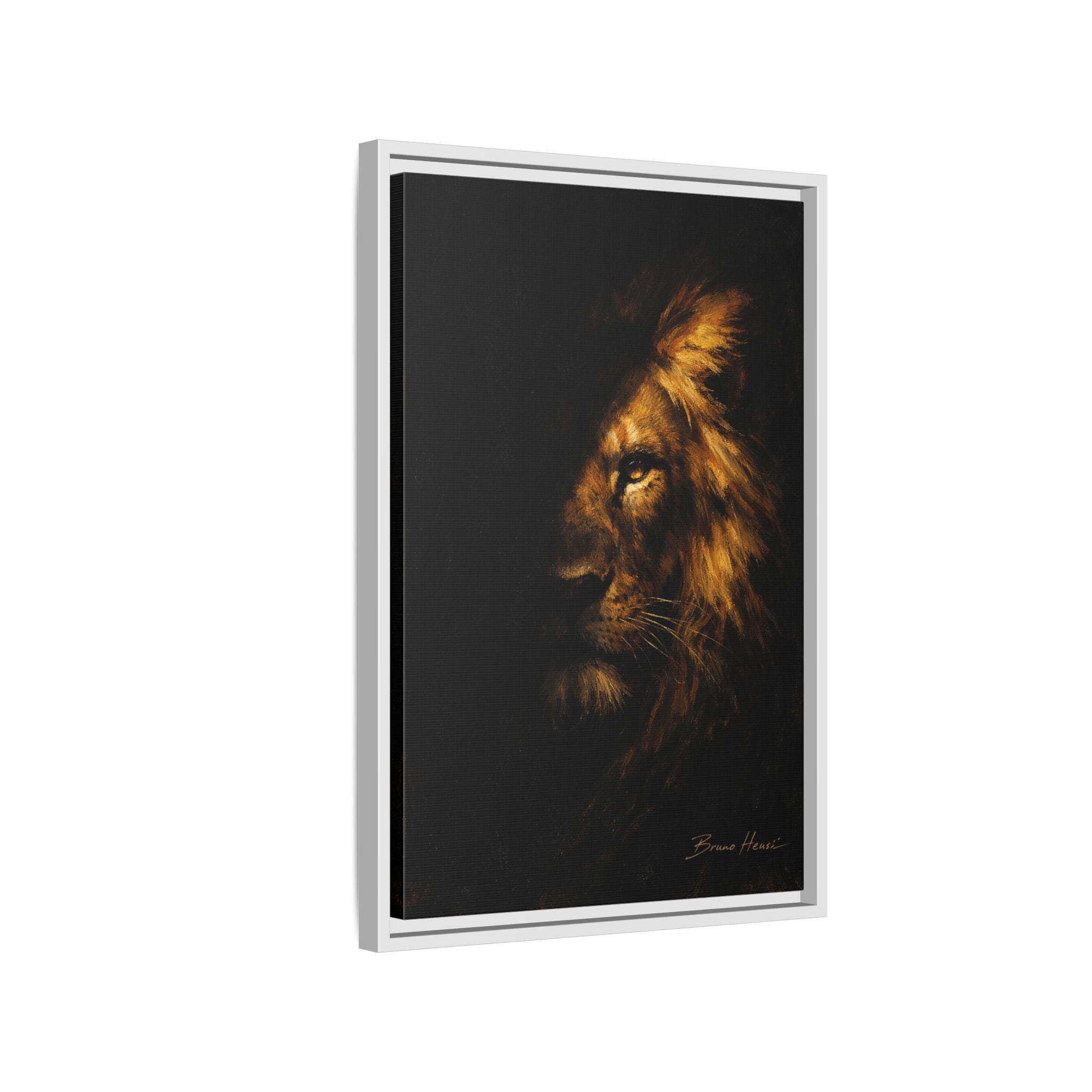 Majestic Lion Portrait Framed Canvas Wall Art — Golden Mane on Black Matte Print