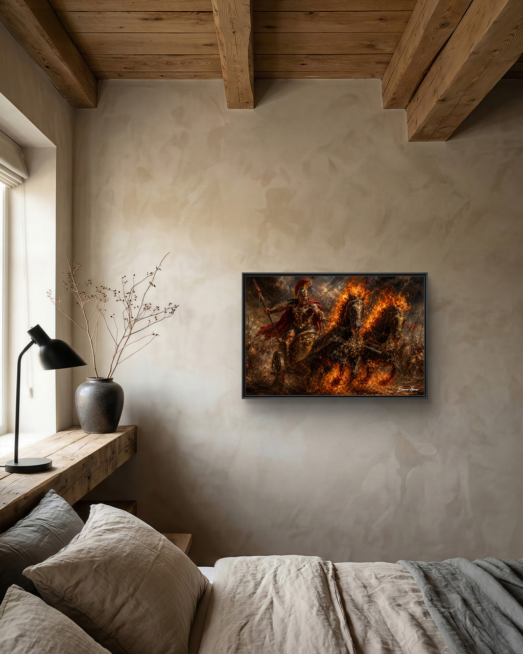 Flaming Chariot Framed Canvas Wall Art — Mythic Warrior Matte Print