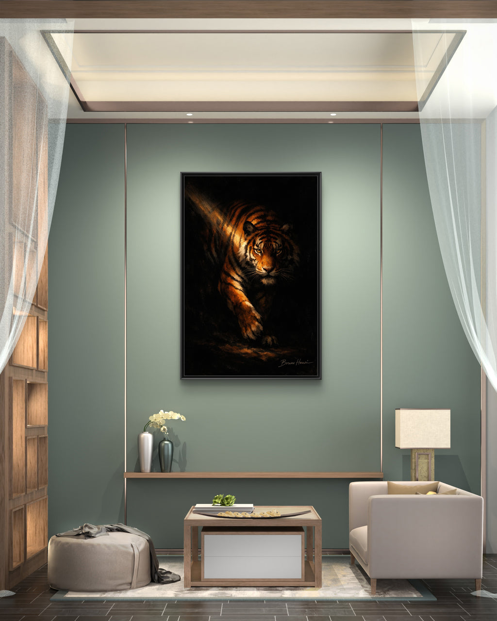 Tiger in the Shadows Matte Framed Canvas Print — Dramatic Wildlife Wall Art