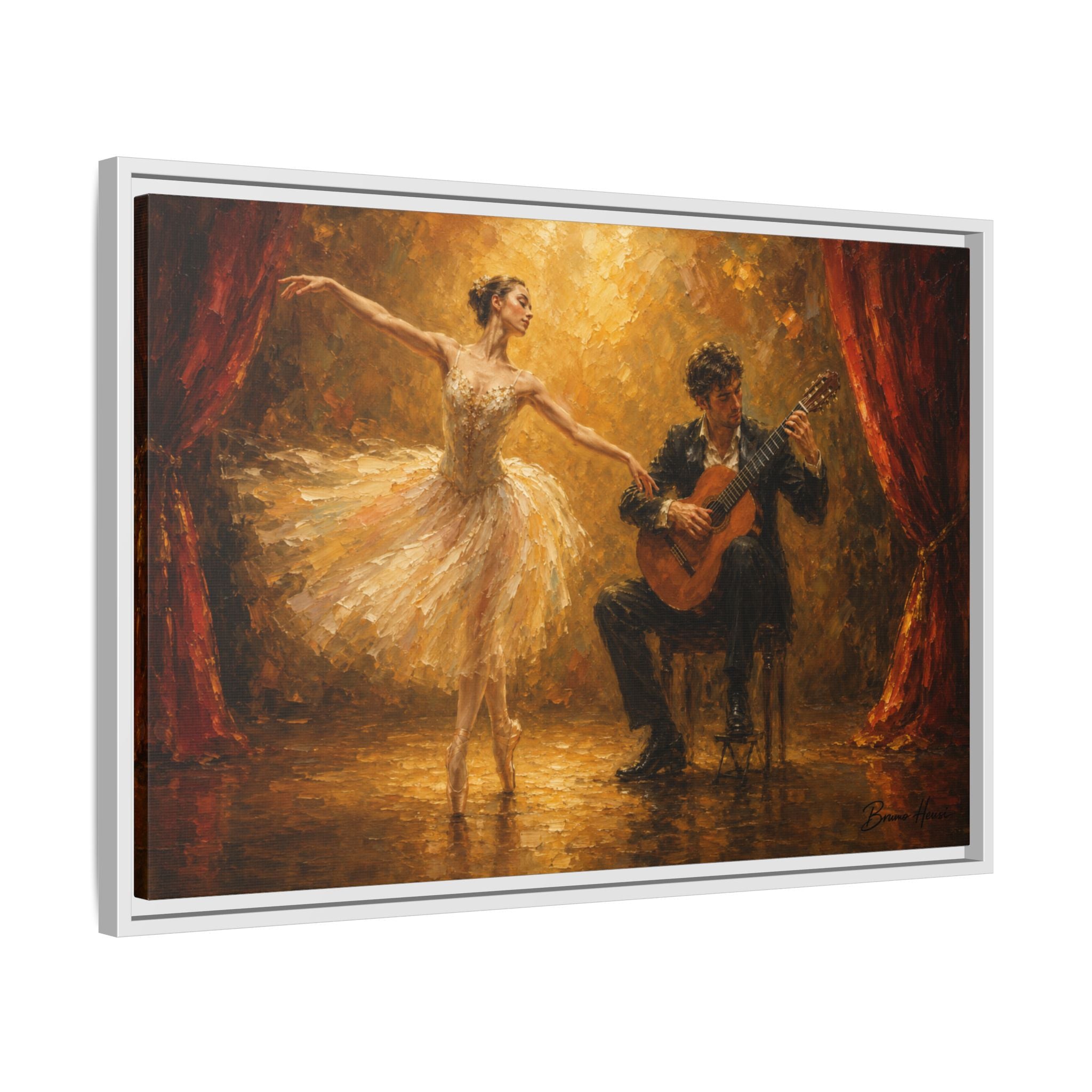 Ballet Dancer & Guitarist Framed Canvas Wall Art — Oil-Style Performance Print
