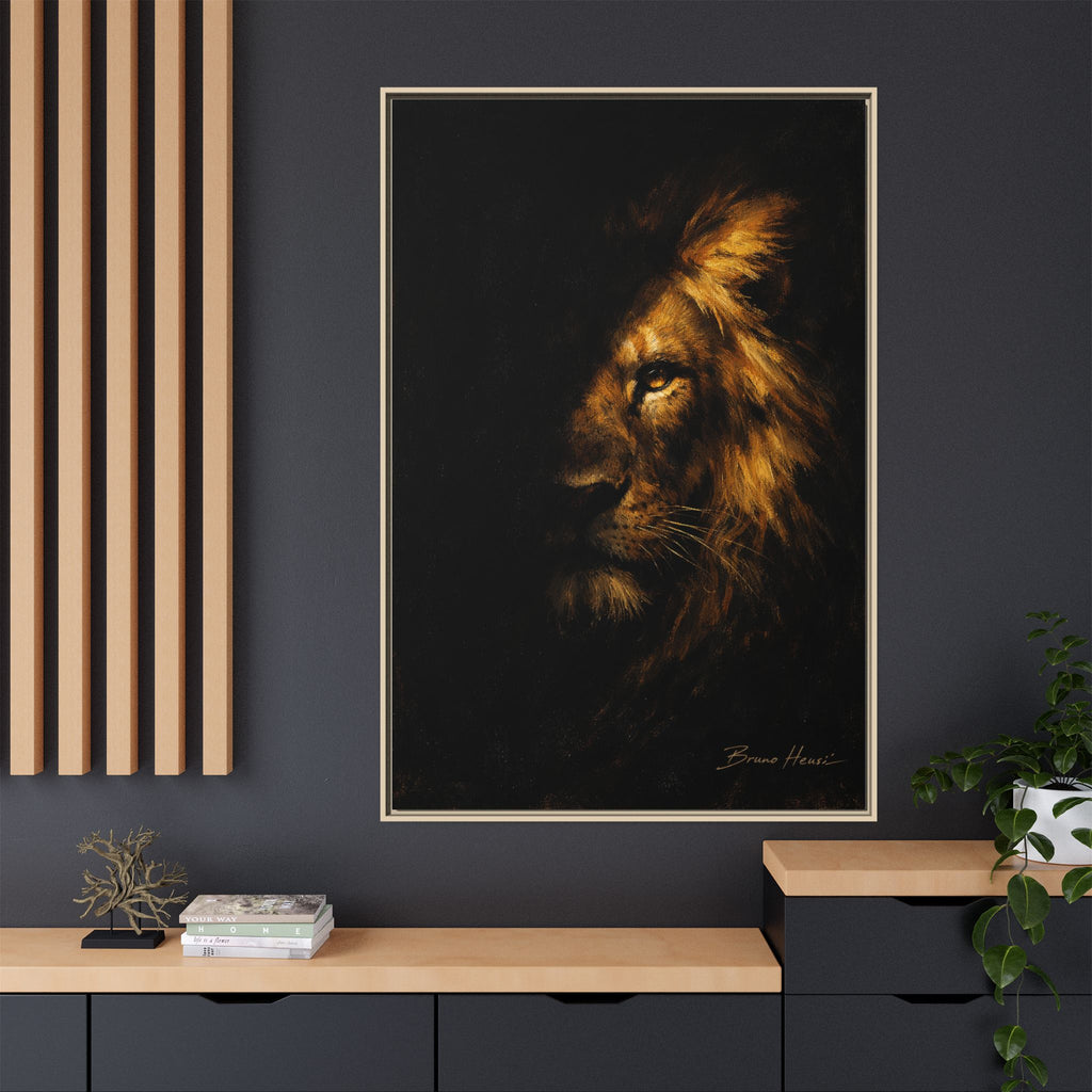 Majestic Lion Portrait Framed Canvas Wall Art — Golden Mane on Black Matte Print