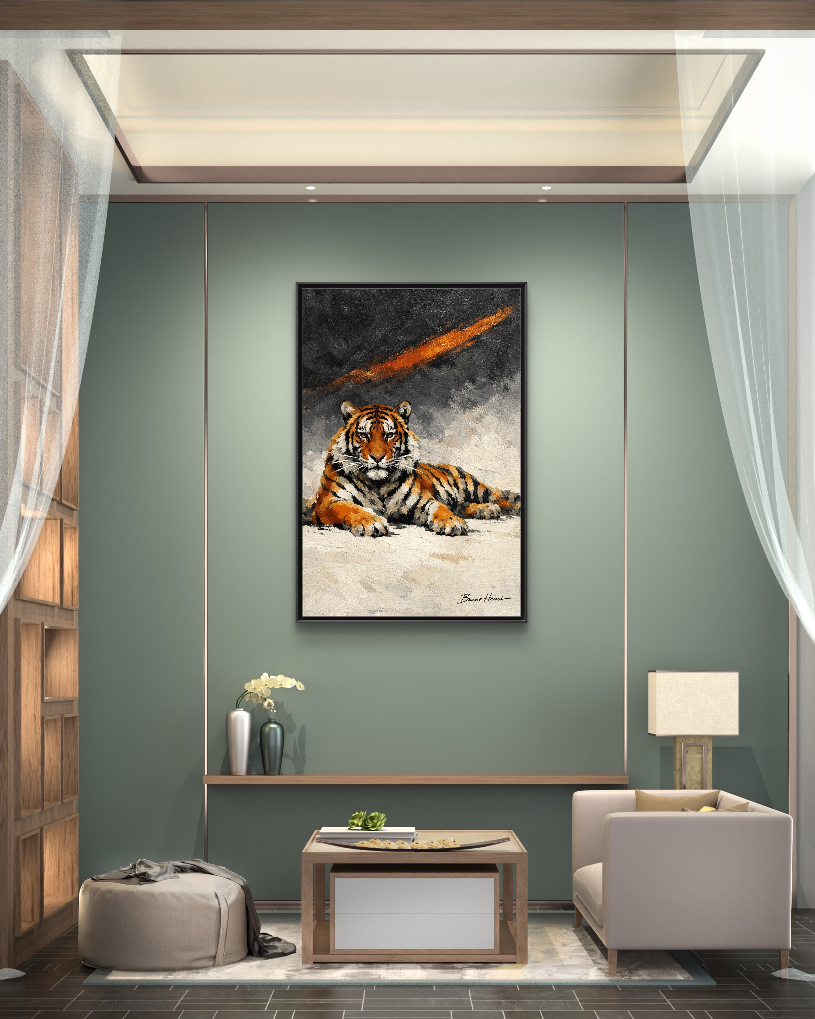 Framed Tiger Canvas Wall Art — Majestic Orange & Gray Matte Print
