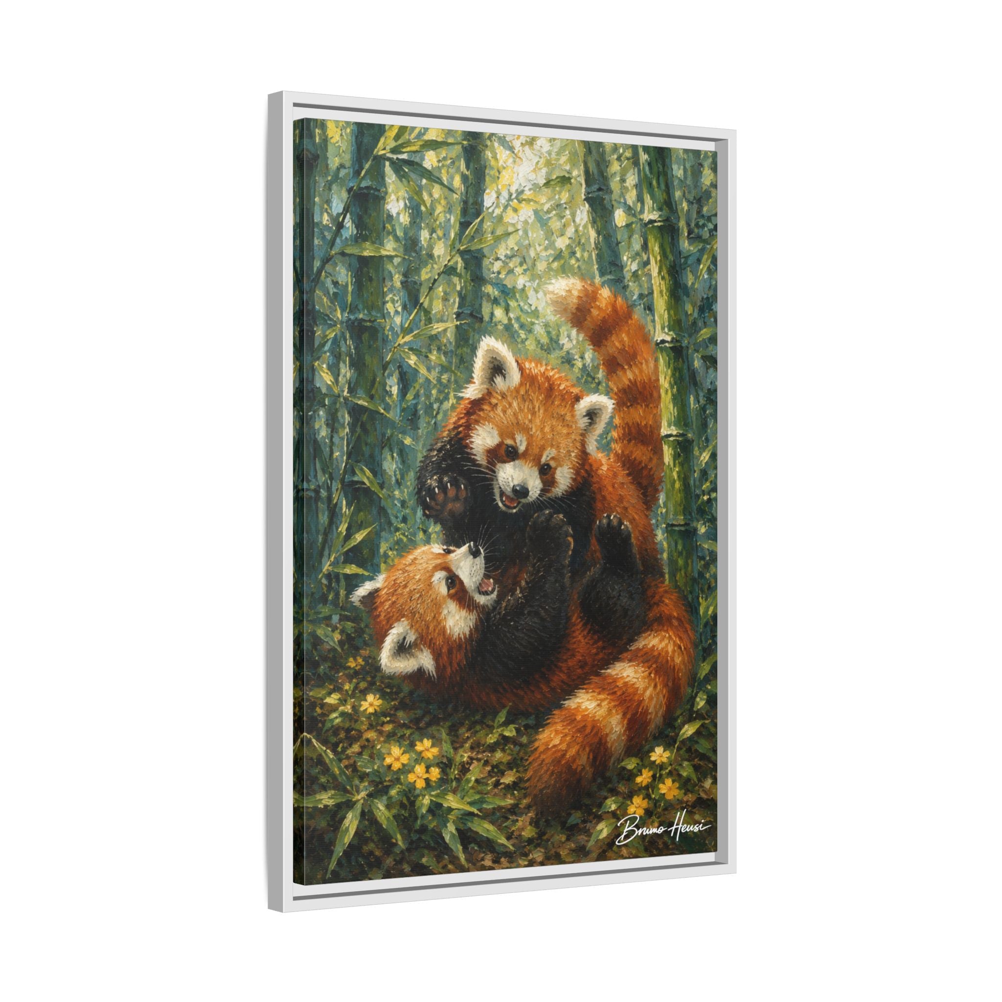Red Panda Playtime Framed Canvas Wall Art — Playful Wildlife Print