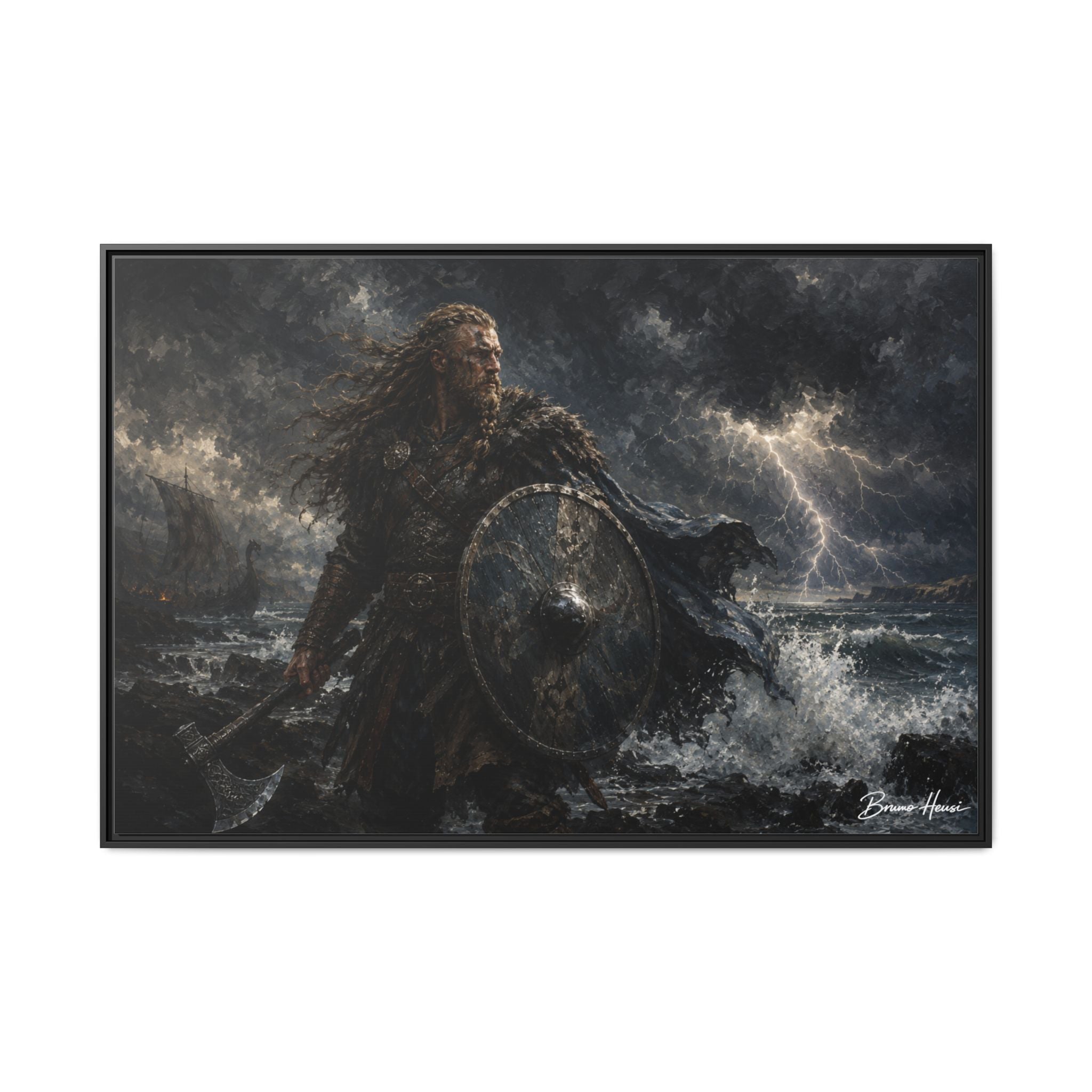 Viking Warrior Matte Framed Canvas Print — Stormy Norse Shield and Axe Wall Art