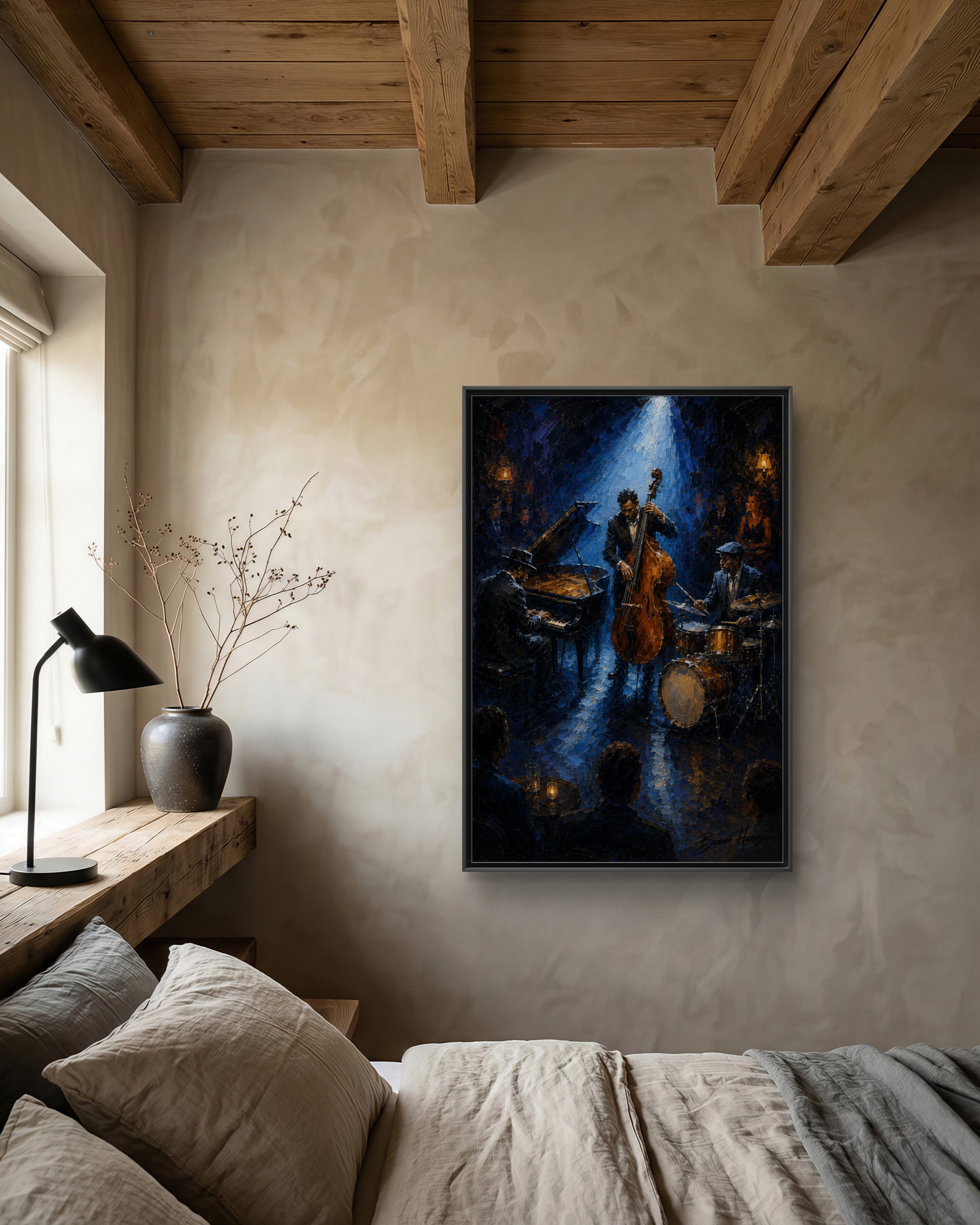Framed Jazz Quartet Canvas Wall Art – Moody Blue Music Scene