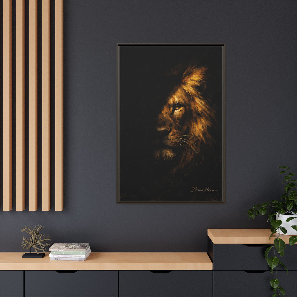 Majestic Lion Portrait Framed Canvas Wall Art — Golden Mane on Black Matte Print