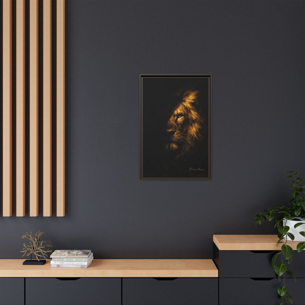 Majestic Lion Portrait Framed Canvas Wall Art — Golden Mane on Black Matte Print