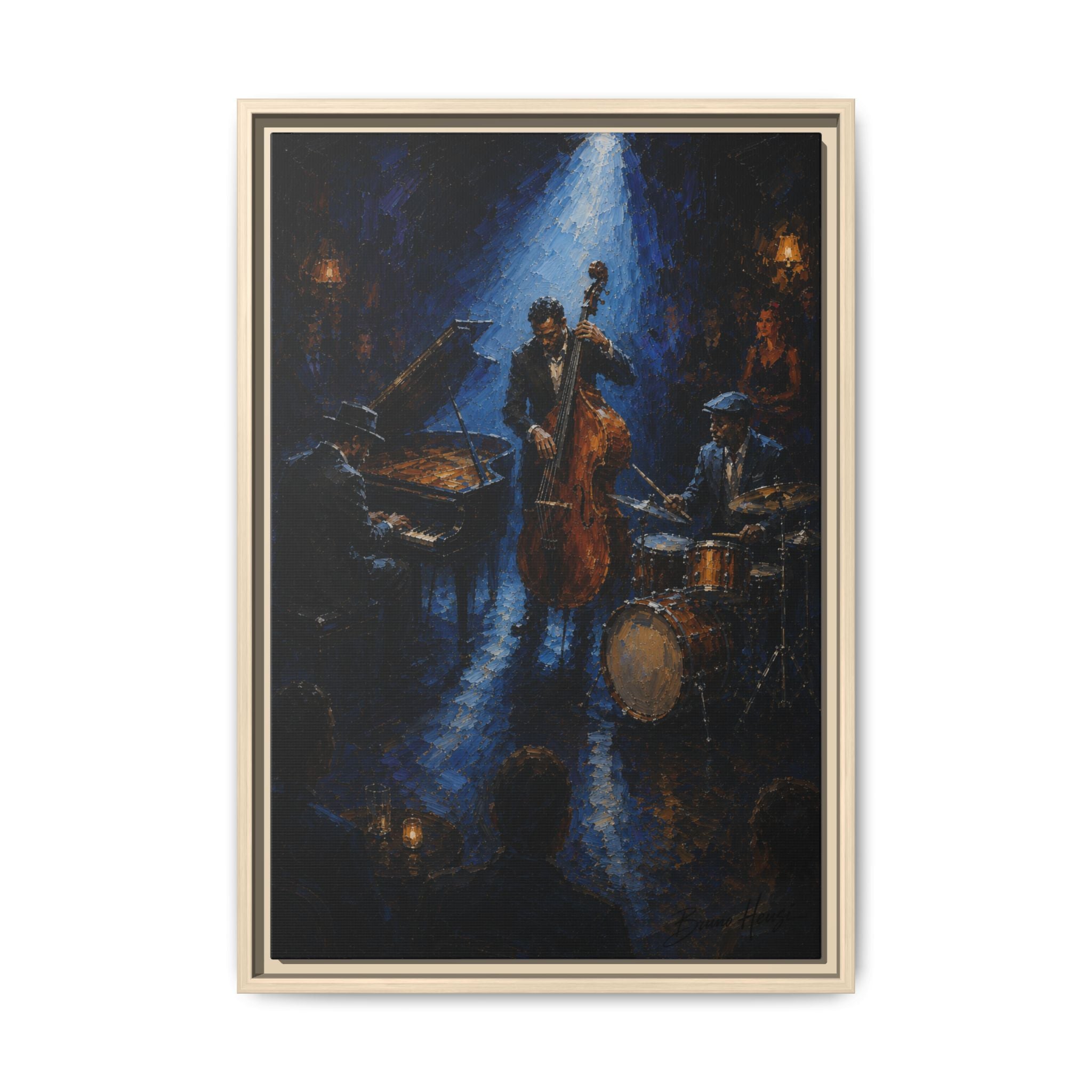 Framed Jazz Quartet Canvas Wall Art – Moody Blue Music Scene