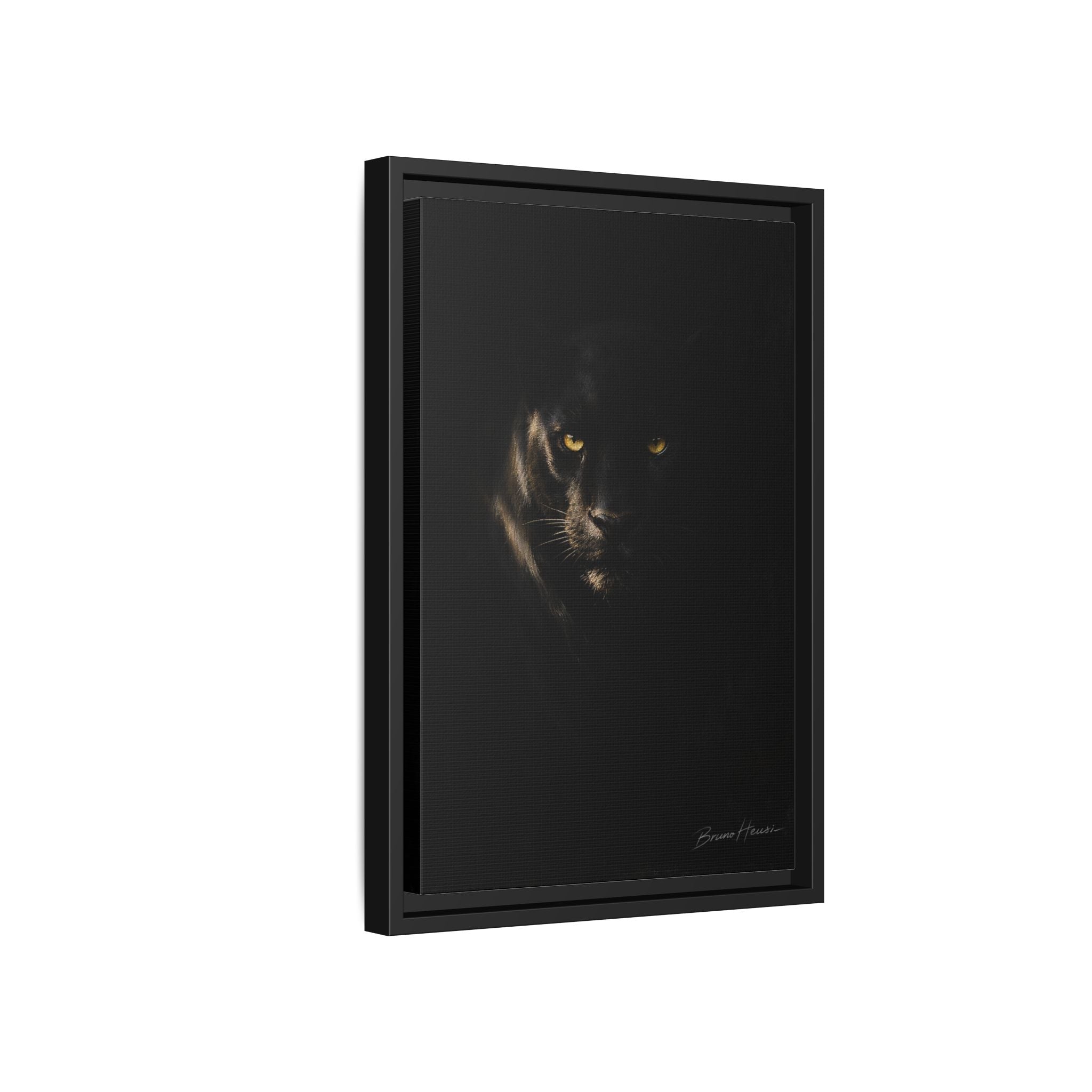 Framed Matte Canvas - Black Panther Wall Art with Golden Eyes