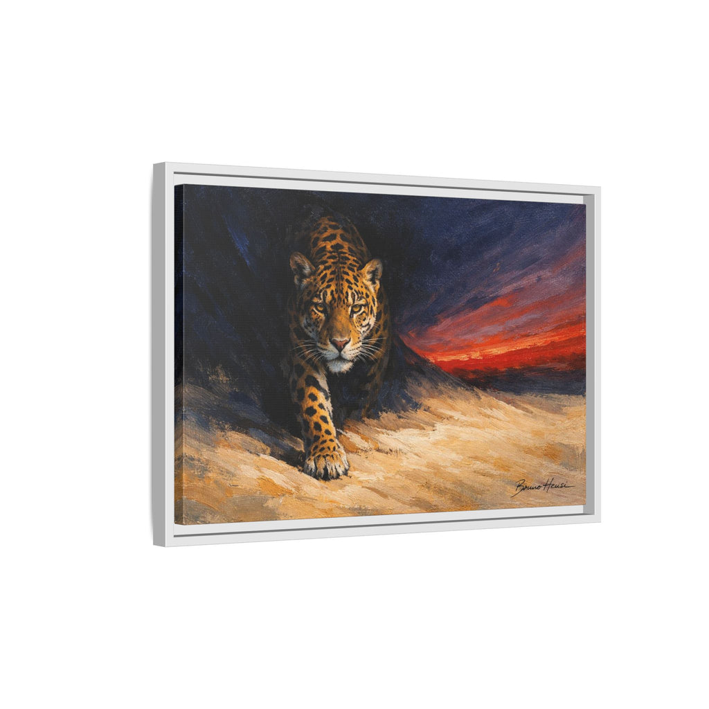 Framed Jaguar Canvas Art – Majestic Big Cat Painting with Sunset Sky