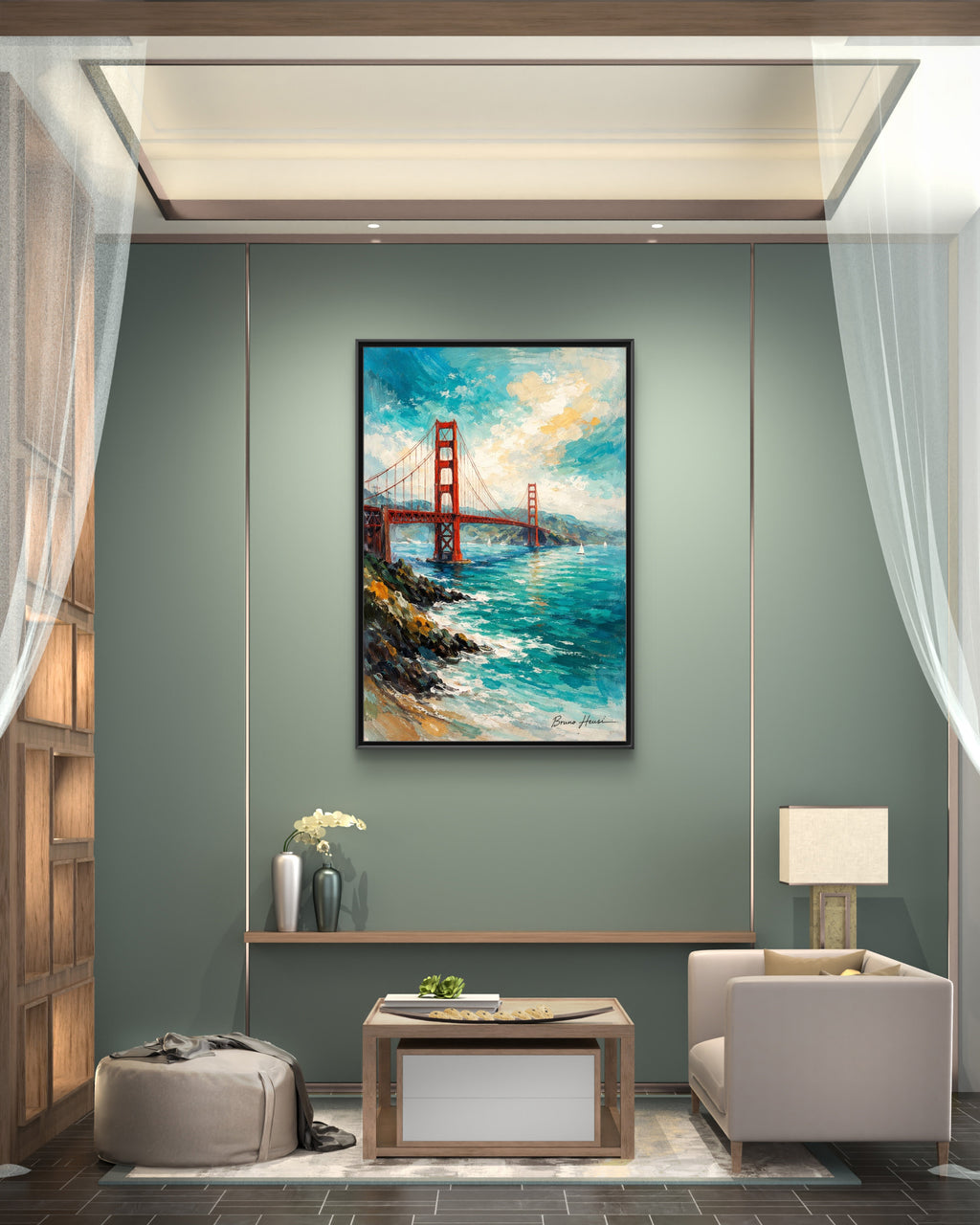 Golden Gate Bridge Seascape Matte Canvas Framed Wall Art