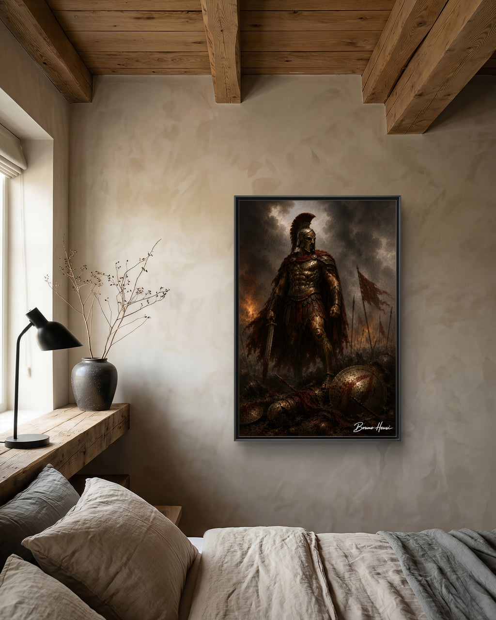 Framed Spartan Warrior Matte Canvas Print – Dramatic Ancient Battle Wall Art